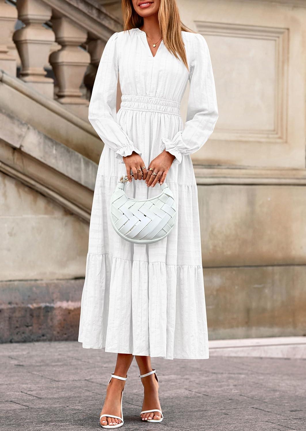 imagePRETTYGARDEN Womens 2025 Fall Wedding Guest Dresses Long Sleeve V Neck Flowy Elegant Holiday Party Maxi Dress with PocketsWhite