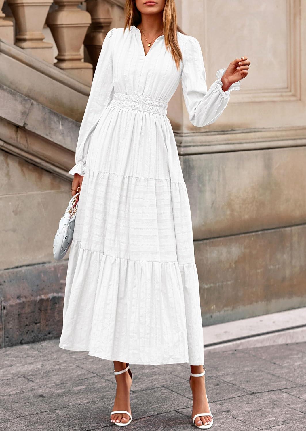 imagePRETTYGARDEN Womens 2025 Fall Wedding Guest Dresses Long Sleeve V Neck Flowy Elegant Holiday Party Maxi Dress with PocketsWhite