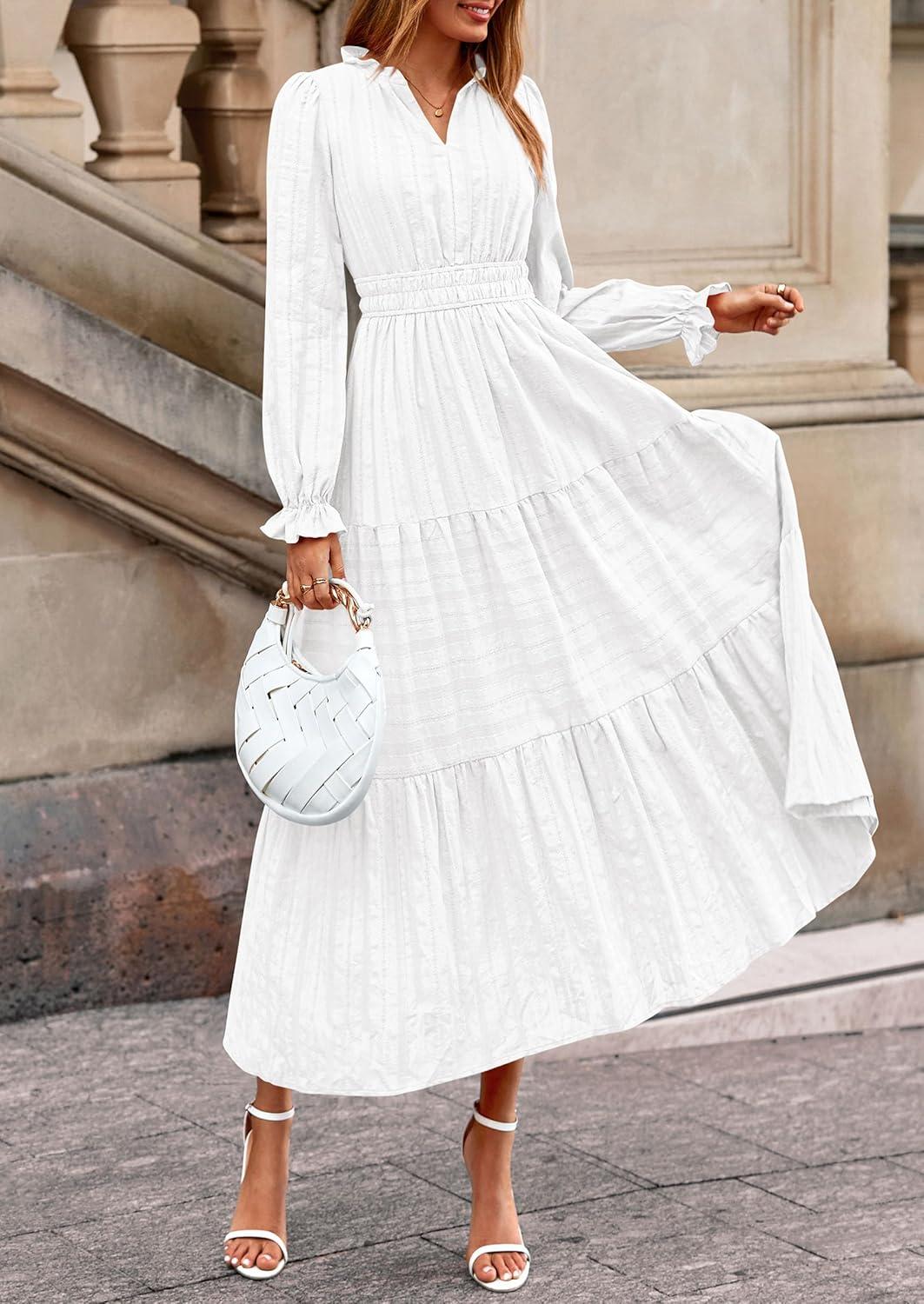 imagePRETTYGARDEN Womens 2025 Fall Wedding Guest Dresses Long Sleeve V Neck Flowy Elegant Holiday Party Maxi Dress with PocketsWhite