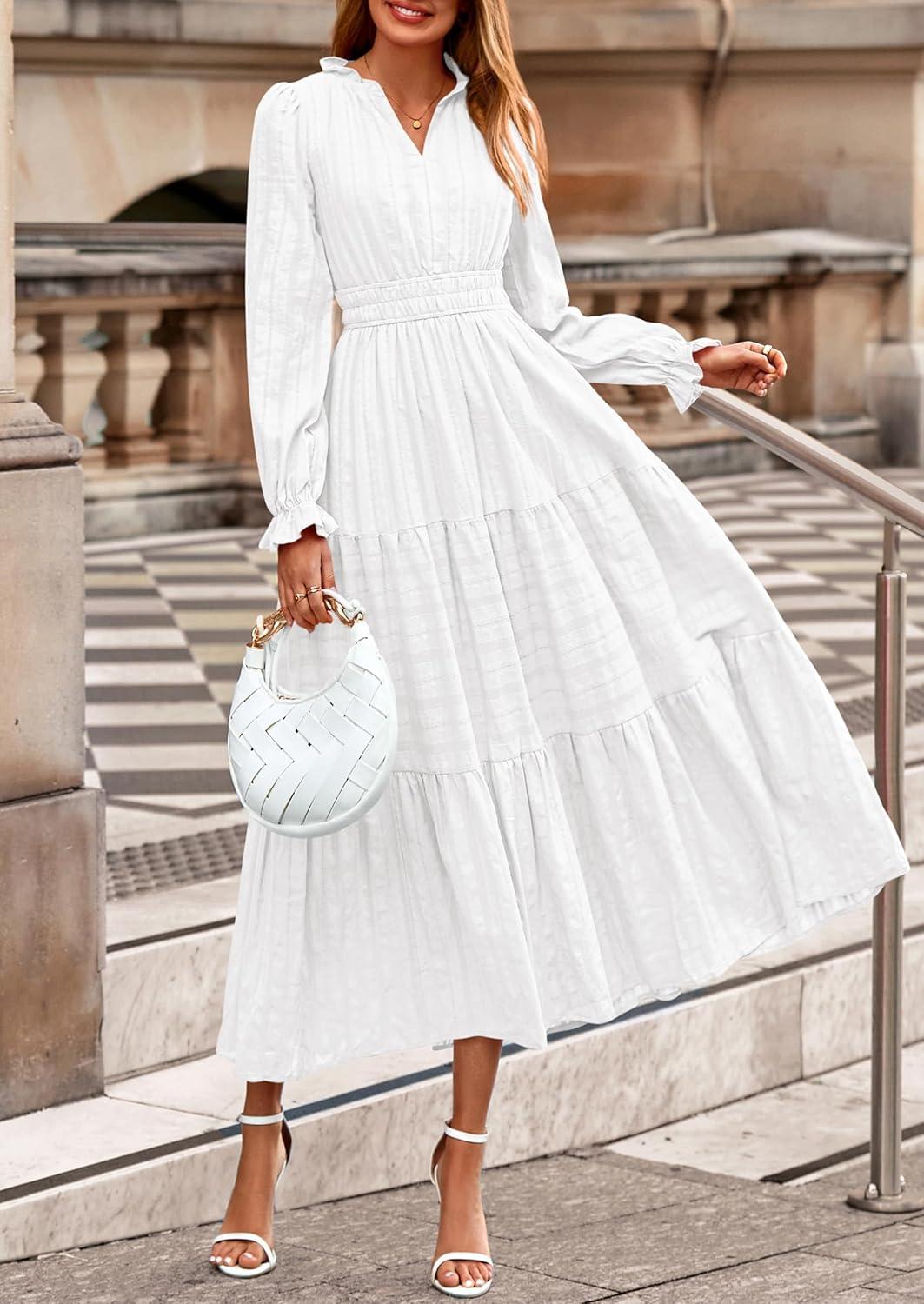 imagePRETTYGARDEN Womens 2025 Fall Wedding Guest Dresses Long Sleeve V Neck Flowy Elegant Holiday Party Maxi Dress with PocketsWhite