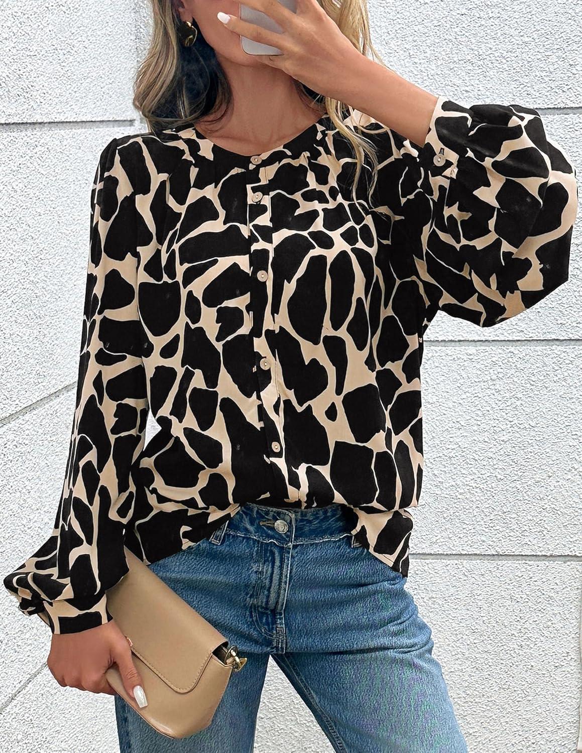 imagePRETTYGARDEN Womens Floral Button Down Blouse 2025 Fall Fashion Dressy Casual Long Sleeve Oversized Shirts Top Boho ClothesBlack