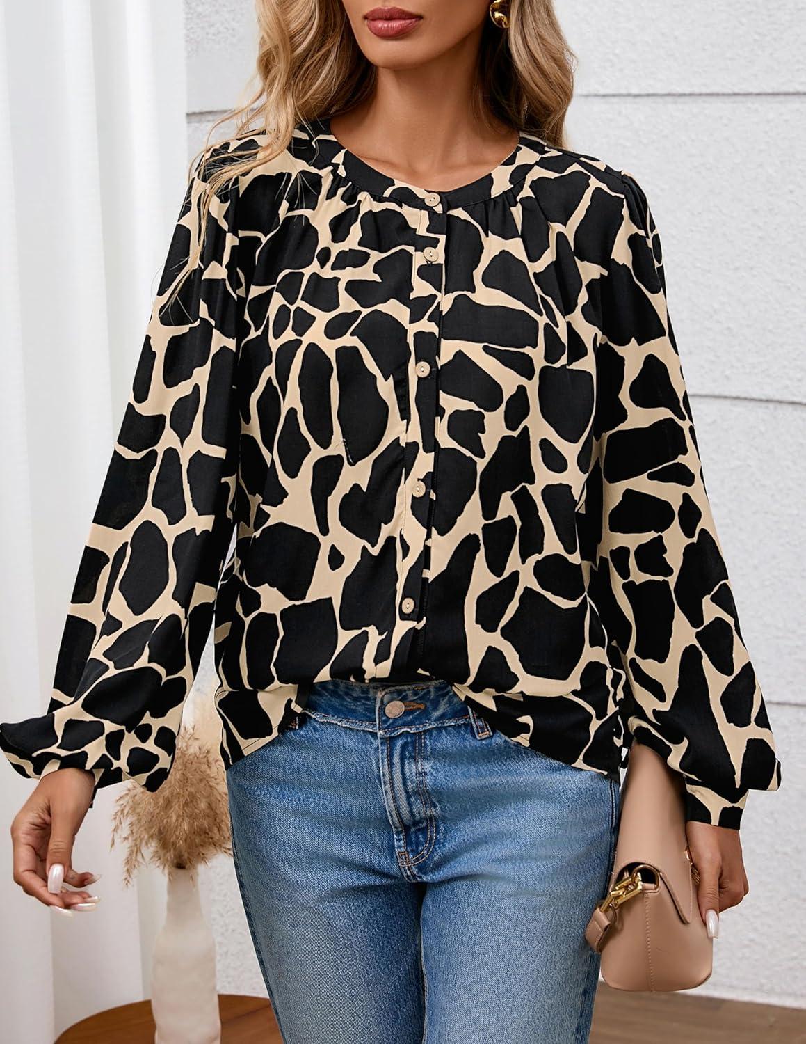 imagePRETTYGARDEN Womens Floral Button Down Blouse 2025 Fall Fashion Dressy Casual Long Sleeve Oversized Shirts Top Boho ClothesBlack