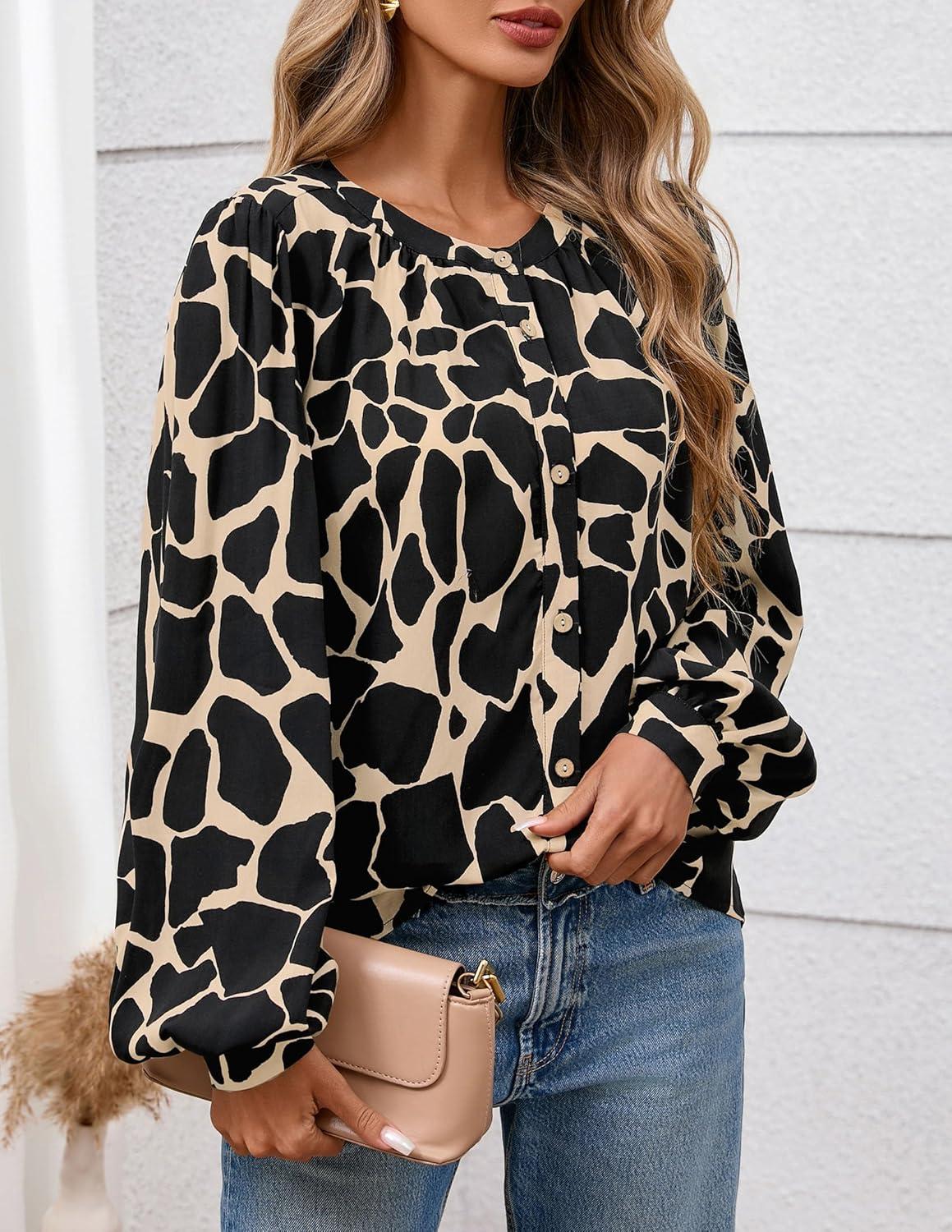 imagePRETTYGARDEN Womens Floral Button Down Blouse 2025 Fall Fashion Dressy Casual Long Sleeve Oversized Shirts Top Boho ClothesBlack