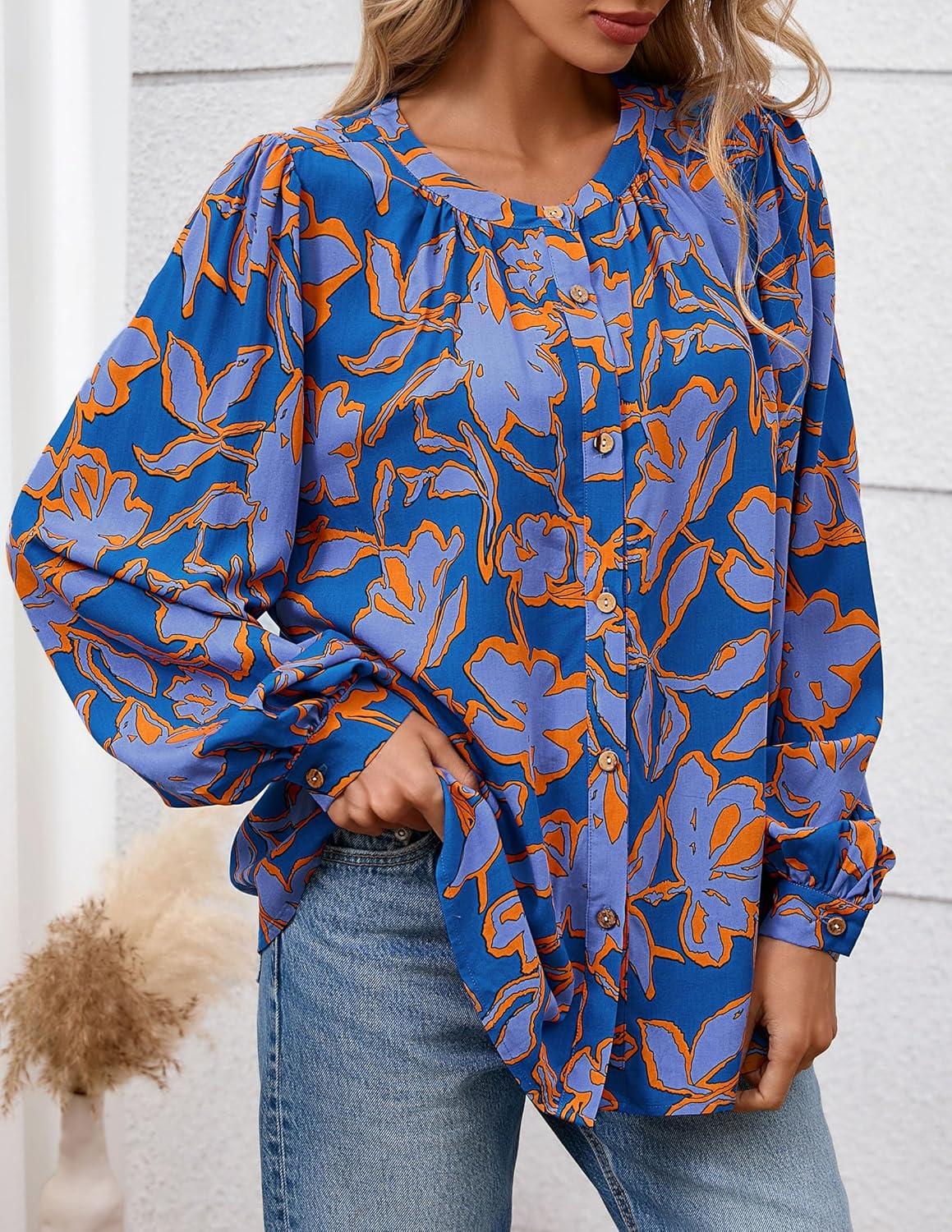 imagePRETTYGARDEN Womens Floral Button Down Blouse 2025 Fall Fashion Dressy Casual Long Sleeve Oversized Shirts Top Boho ClothesBlue