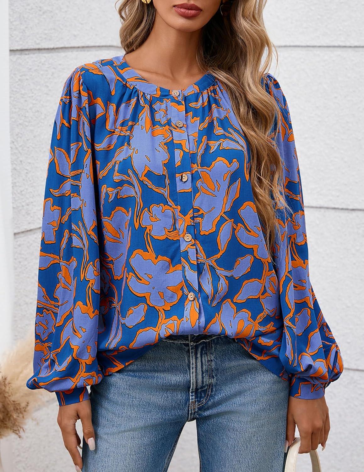 imagePRETTYGARDEN Womens Floral Button Down Blouse 2025 Fall Fashion Dressy Casual Long Sleeve Oversized Shirts Top Boho ClothesBlue