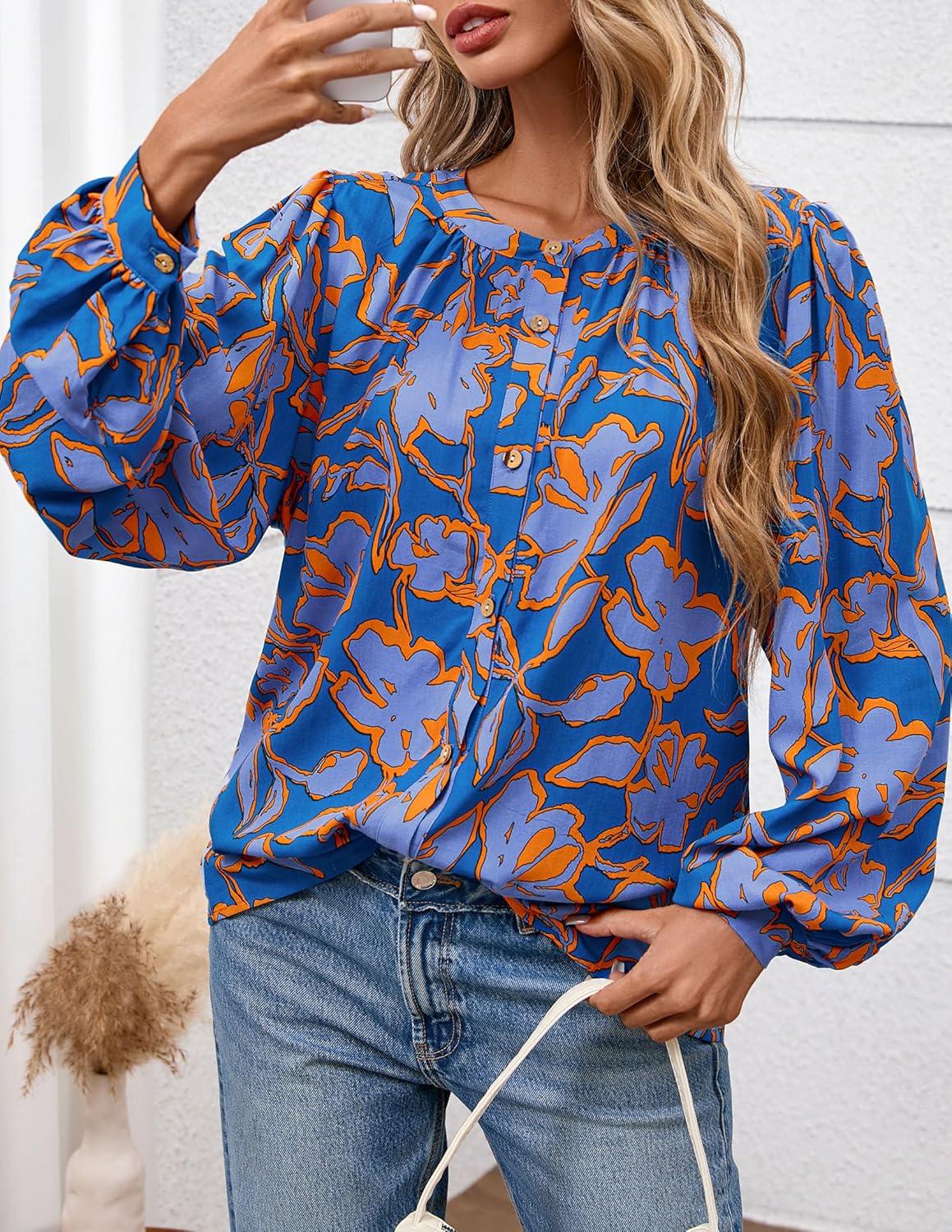 imagePRETTYGARDEN Womens Floral Button Down Blouse 2025 Fall Fashion Dressy Casual Long Sleeve Oversized Shirts Top Boho ClothesBlue