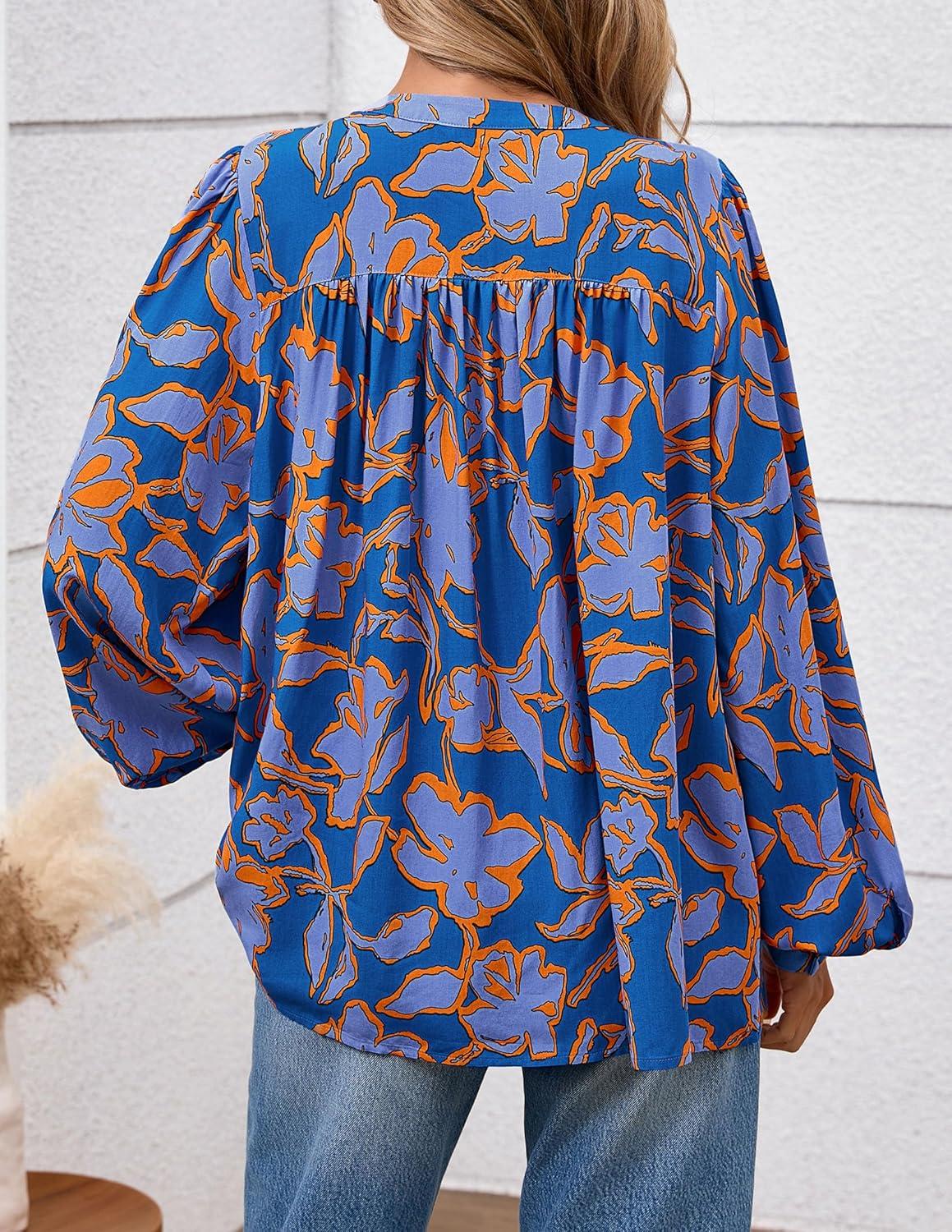 imagePRETTYGARDEN Womens Floral Button Down Blouse 2025 Fall Fashion Dressy Casual Long Sleeve Oversized Shirts Top Boho ClothesBlue