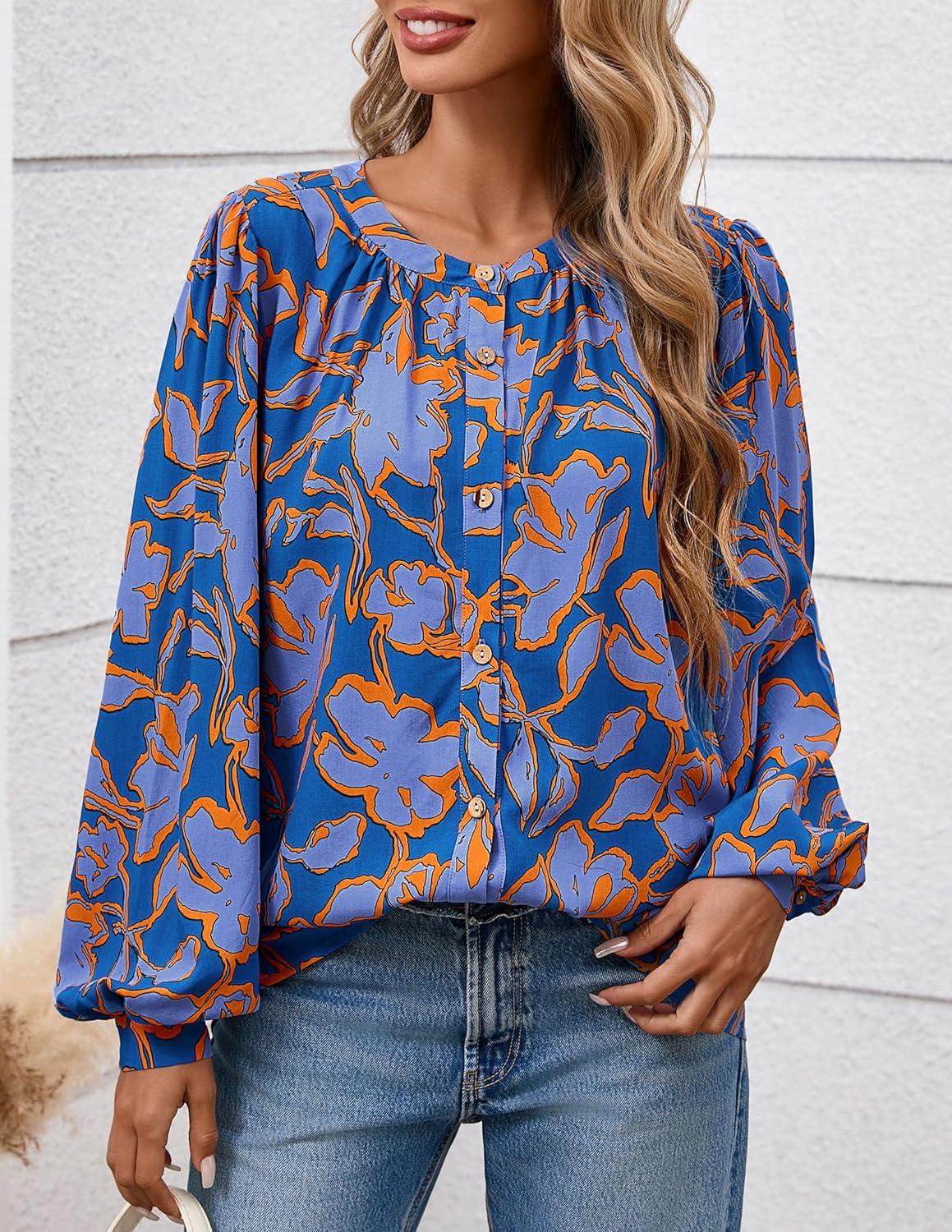 imagePRETTYGARDEN Womens Floral Button Down Blouse 2025 Fall Fashion Dressy Casual Long Sleeve Oversized Shirts Top Boho ClothesBlue