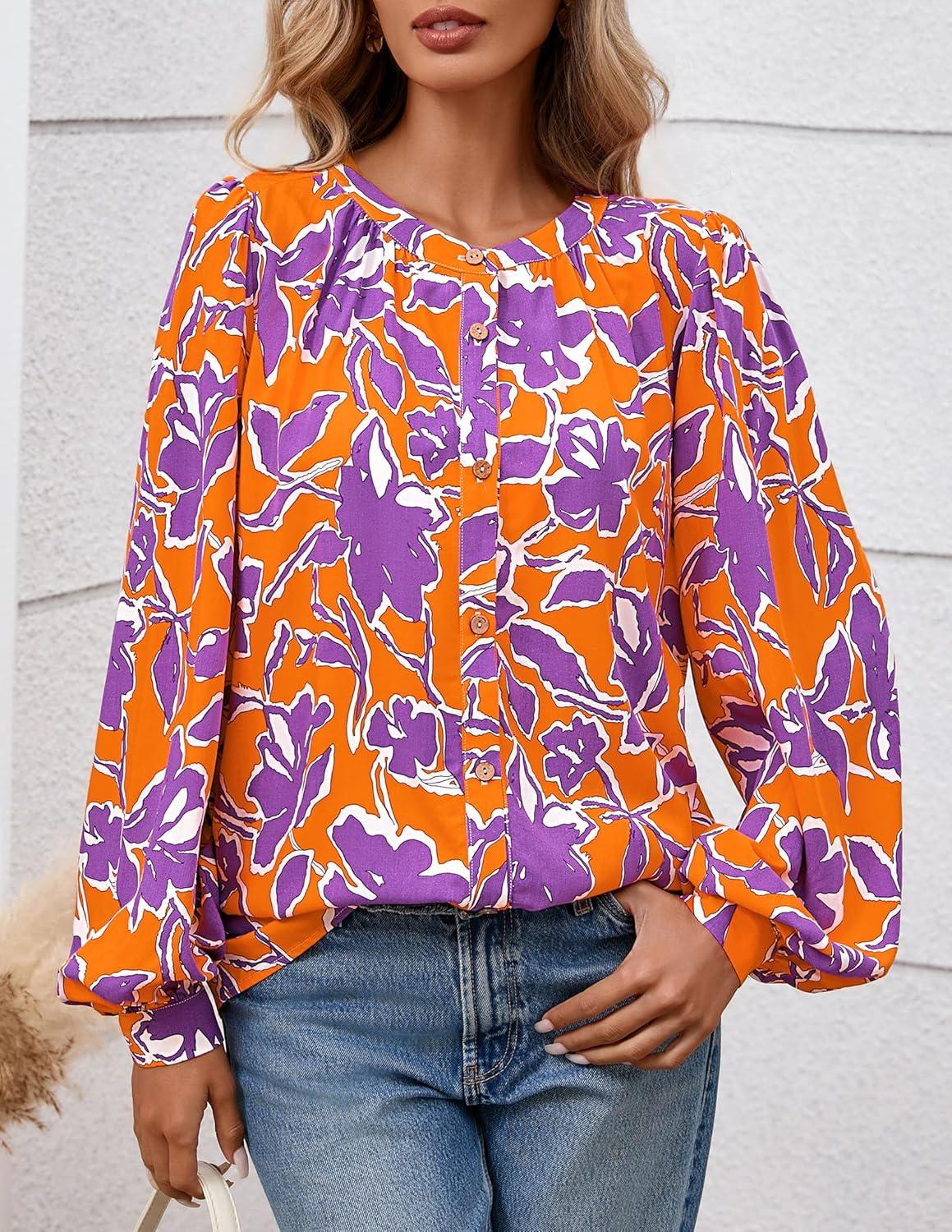 imagePRETTYGARDEN Womens Floral Button Down Blouse 2025 Fall Fashion Dressy Casual Long Sleeve Oversized Shirts Top Boho ClothesOrange