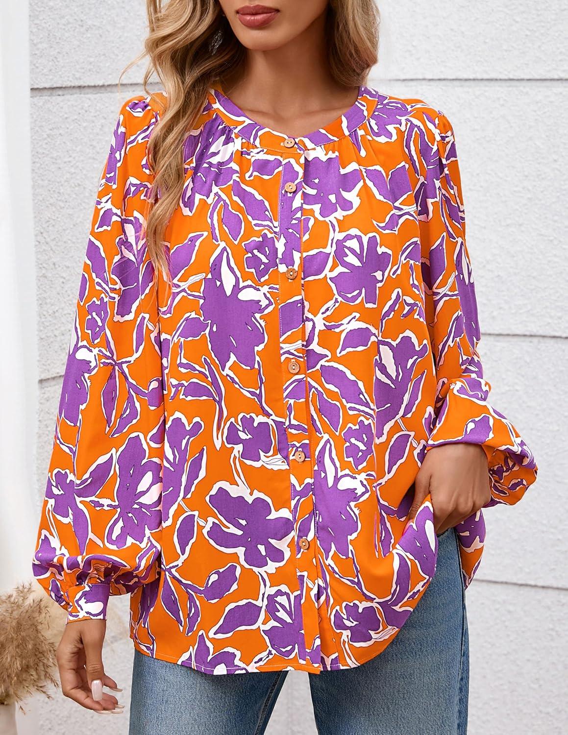 imagePRETTYGARDEN Womens Floral Button Down Blouse 2025 Fall Fashion Dressy Casual Long Sleeve Oversized Shirts Top Boho ClothesOrange