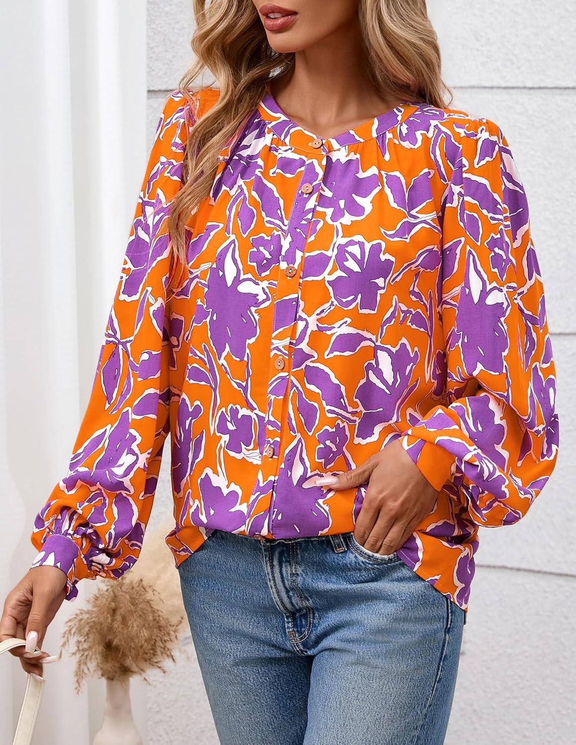imagePRETTYGARDEN Womens Floral Button Down Blouse 2025 Fall Fashion Dressy Casual Long Sleeve Oversized Shirts Top Boho ClothesOrange