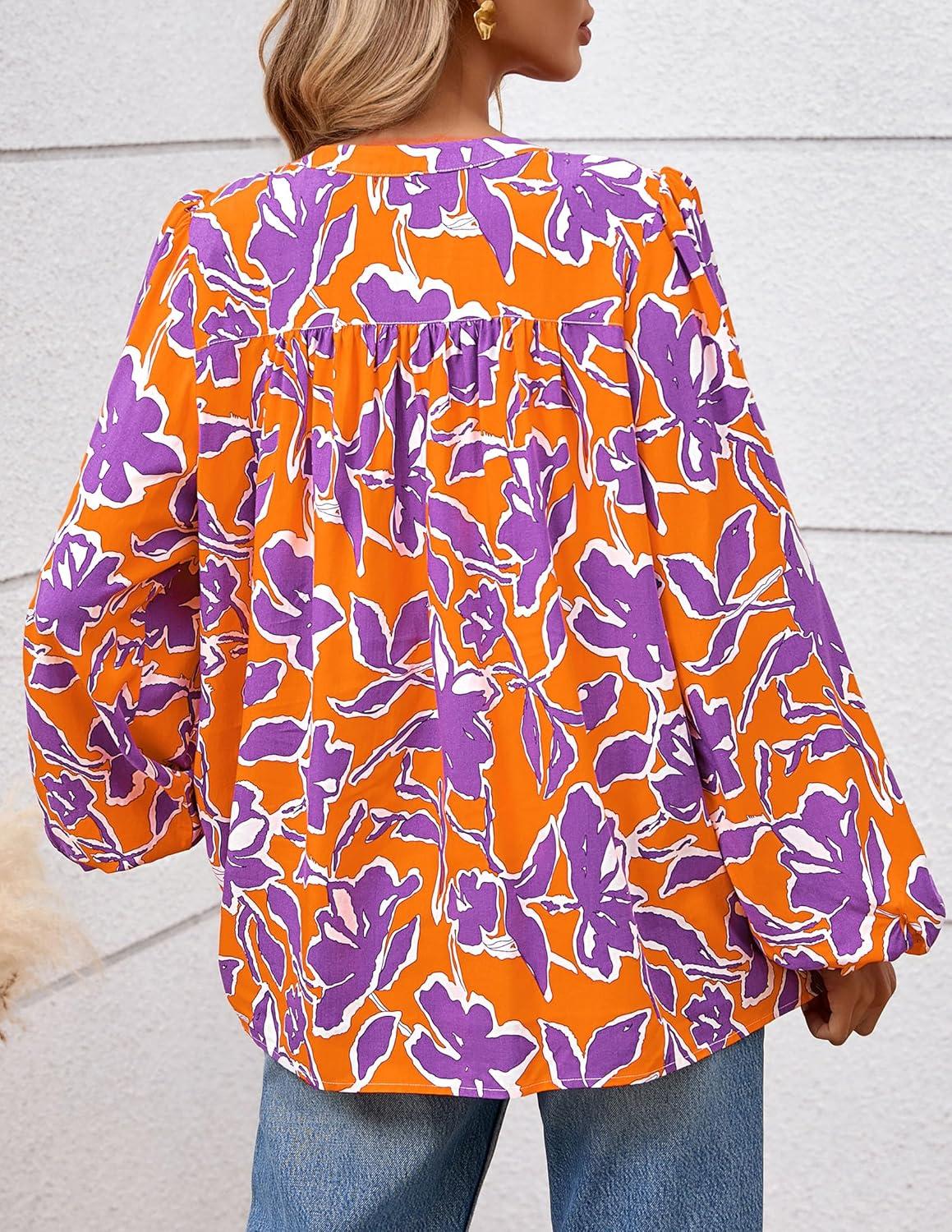 imagePRETTYGARDEN Womens Floral Button Down Blouse 2025 Fall Fashion Dressy Casual Long Sleeve Oversized Shirts Top Boho ClothesOrange