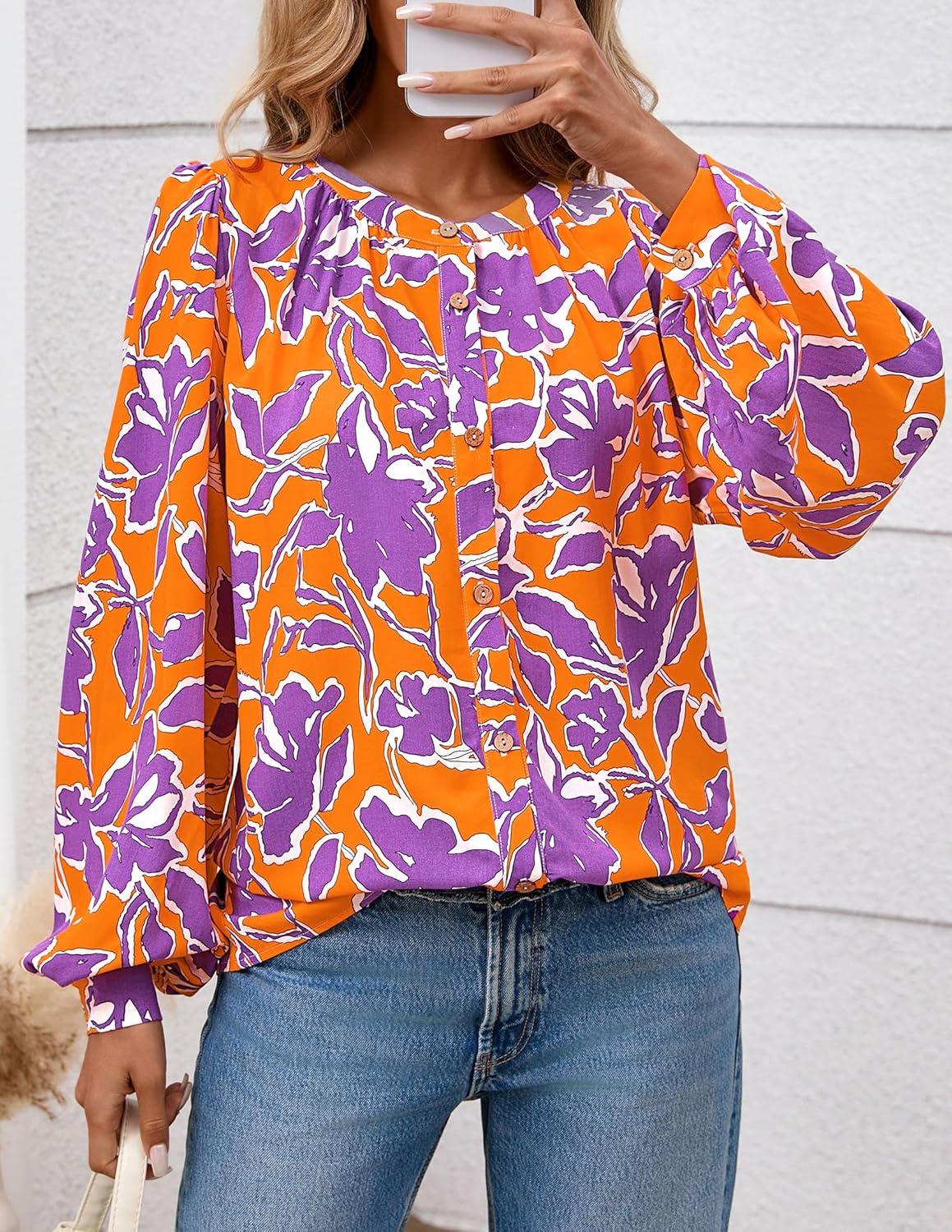 imagePRETTYGARDEN Womens Floral Button Down Blouse 2025 Fall Fashion Dressy Casual Long Sleeve Oversized Shirts Top Boho ClothesOrange