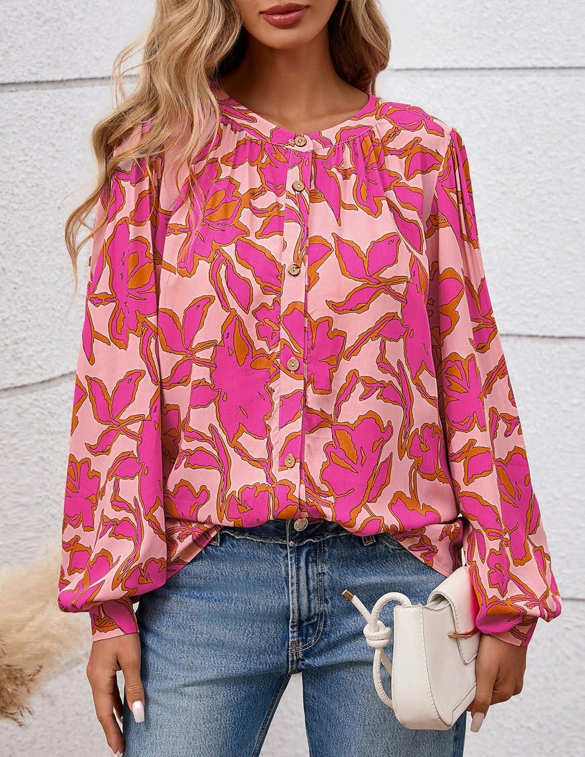 imagePRETTYGARDEN Womens Floral Button Down Blouse 2025 Fall Fashion Dressy Casual Long Sleeve Oversized Shirts Top Boho ClothesPink