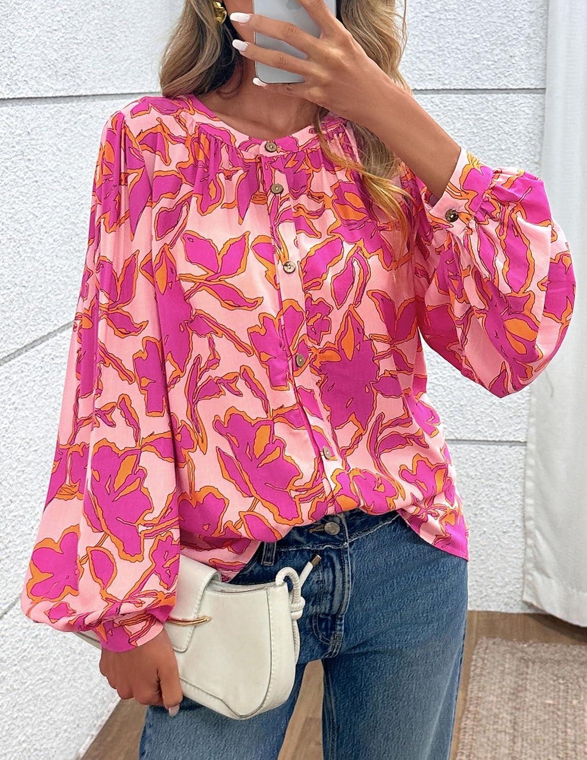 imagePRETTYGARDEN Womens Floral Button Down Blouse 2025 Fall Fashion Dressy Casual Long Sleeve Oversized Shirts Top Boho ClothesPink