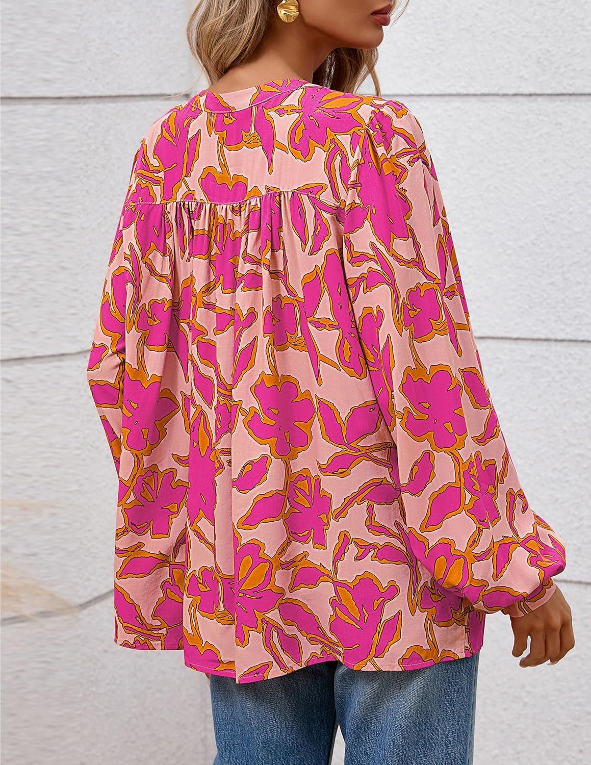 imagePRETTYGARDEN Womens Floral Button Down Blouse 2025 Fall Fashion Dressy Casual Long Sleeve Oversized Shirts Top Boho ClothesPink