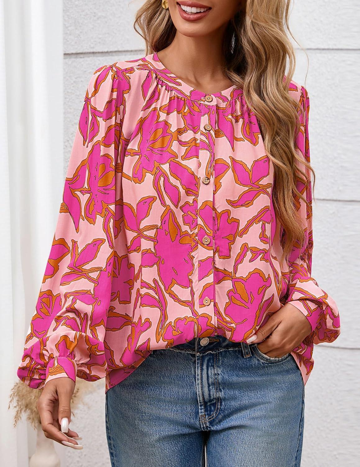 imagePRETTYGARDEN Womens Floral Button Down Blouse 2025 Fall Fashion Dressy Casual Long Sleeve Oversized Shirts Top Boho ClothesPink