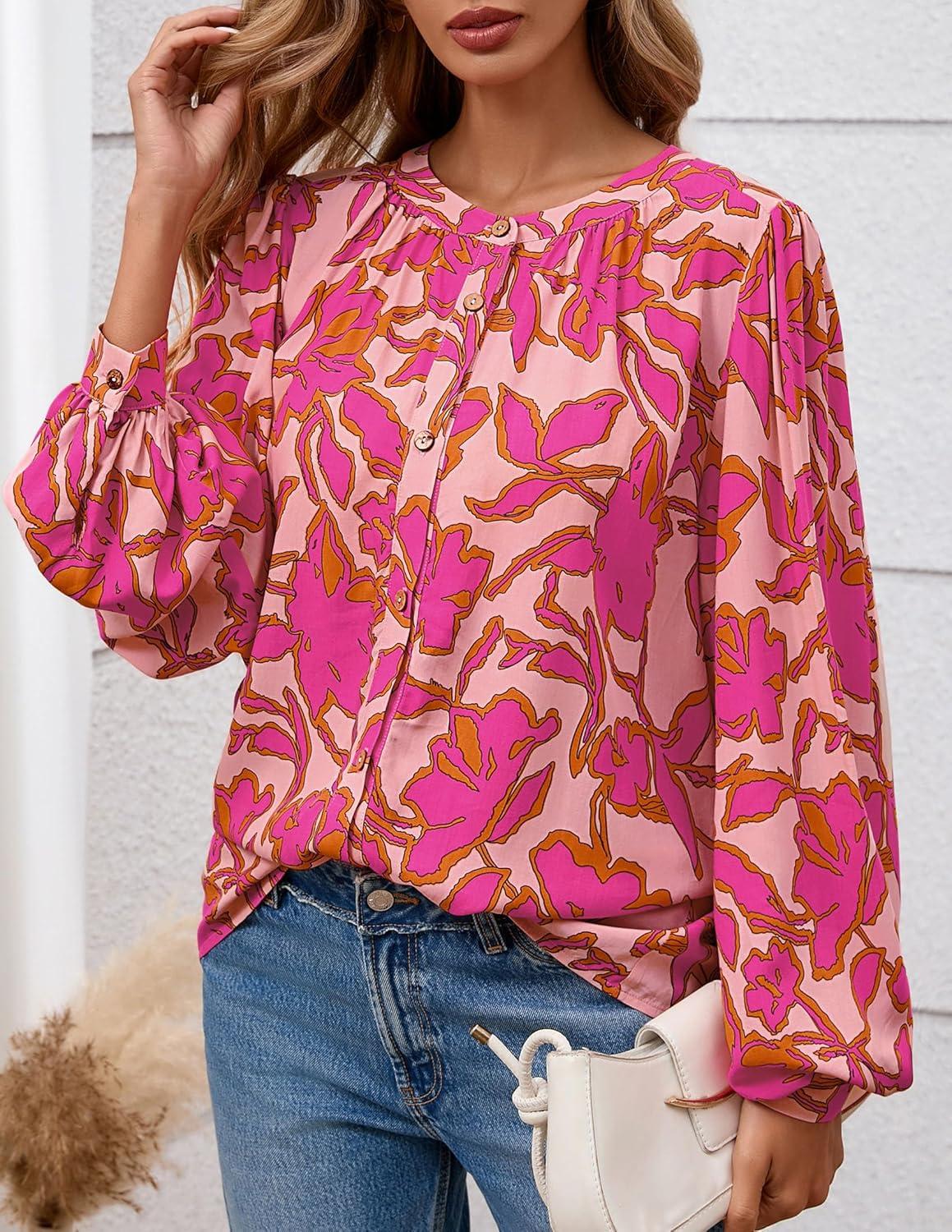 imagePRETTYGARDEN Womens Floral Button Down Blouse 2025 Fall Fashion Dressy Casual Long Sleeve Oversized Shirts Top Boho ClothesPink