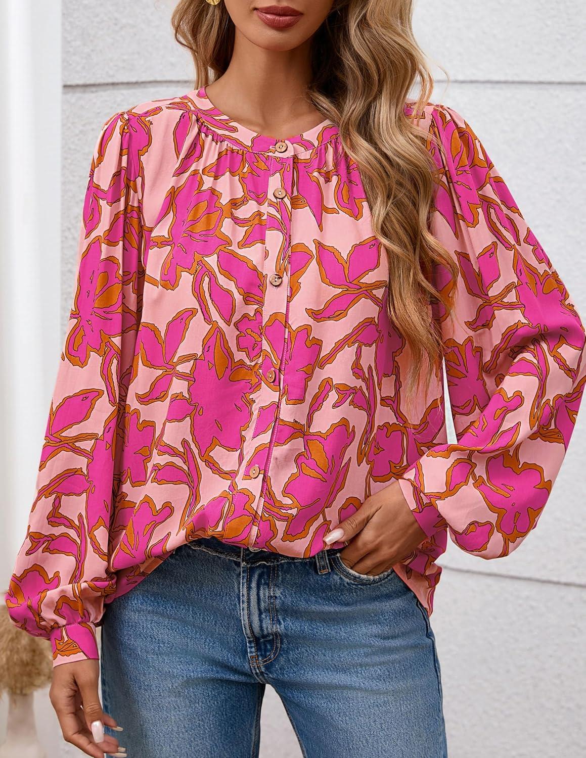 imagePRETTYGARDEN Womens Floral Button Down Blouse 2025 Fall Fashion Dressy Casual Long Sleeve Oversized Shirts Top Boho ClothesPink