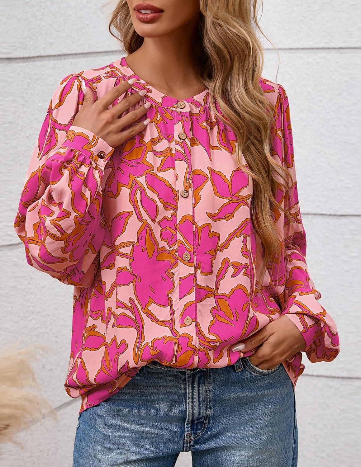 imagePRETTYGARDEN Womens Floral Button Down Blouse 2025 Fall Fashion Dressy Casual Long Sleeve Oversized Shirts Top Boho ClothesPink
