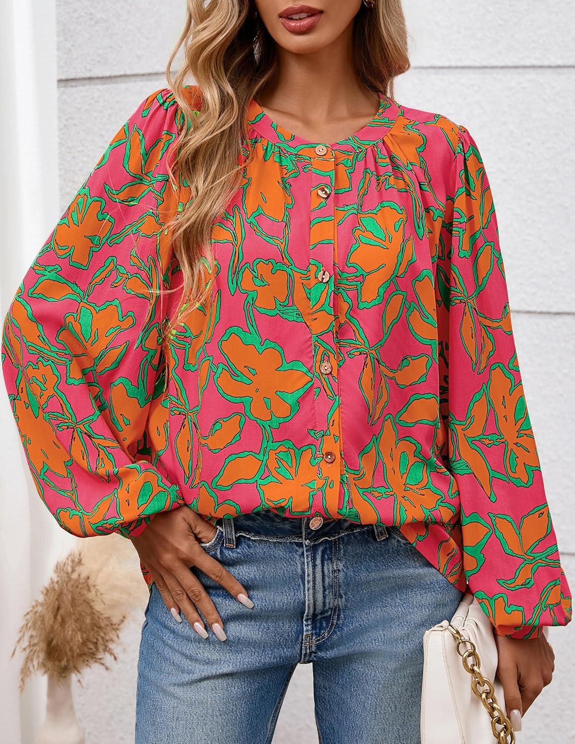 imagePRETTYGARDEN Womens Floral Button Down Blouse 2025 Fall Fashion Dressy Casual Long Sleeve Oversized Shirts Top Boho ClothesRose Red