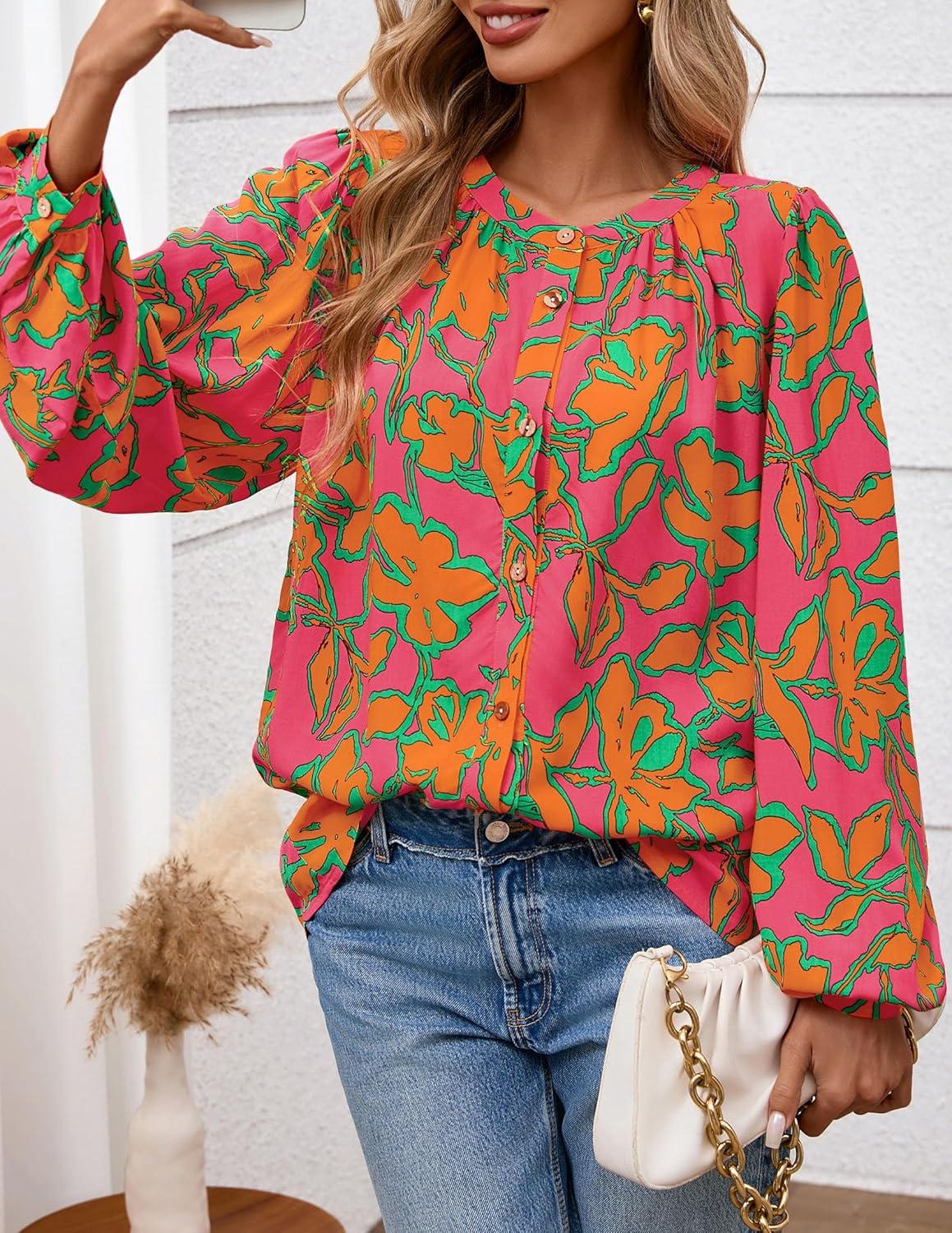 imagePRETTYGARDEN Womens Floral Button Down Blouse 2025 Fall Fashion Dressy Casual Long Sleeve Oversized Shirts Top Boho ClothesRose Red