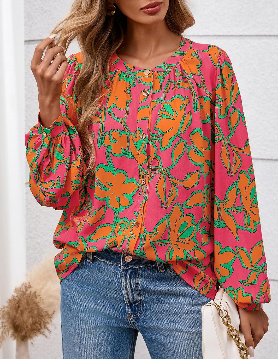 imagePRETTYGARDEN Womens Floral Button Down Blouse 2025 Fall Fashion Dressy Casual Long Sleeve Oversized Shirts Top Boho ClothesRose Red