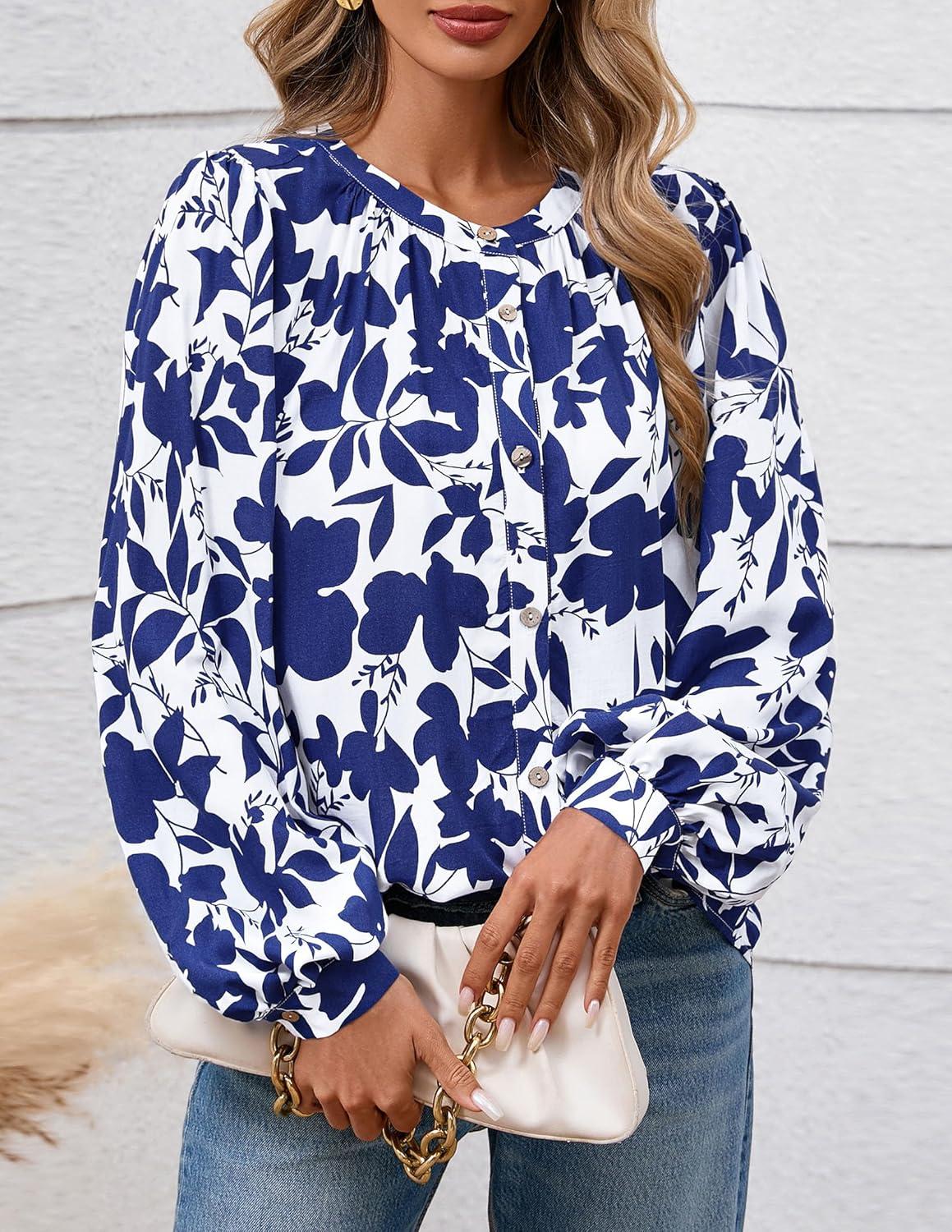 imagePRETTYGARDEN Womens Floral Button Down Blouse 2025 Fall Fashion Dressy Casual Long Sleeve Oversized Shirts Top Boho ClothesWhite Blue Floral