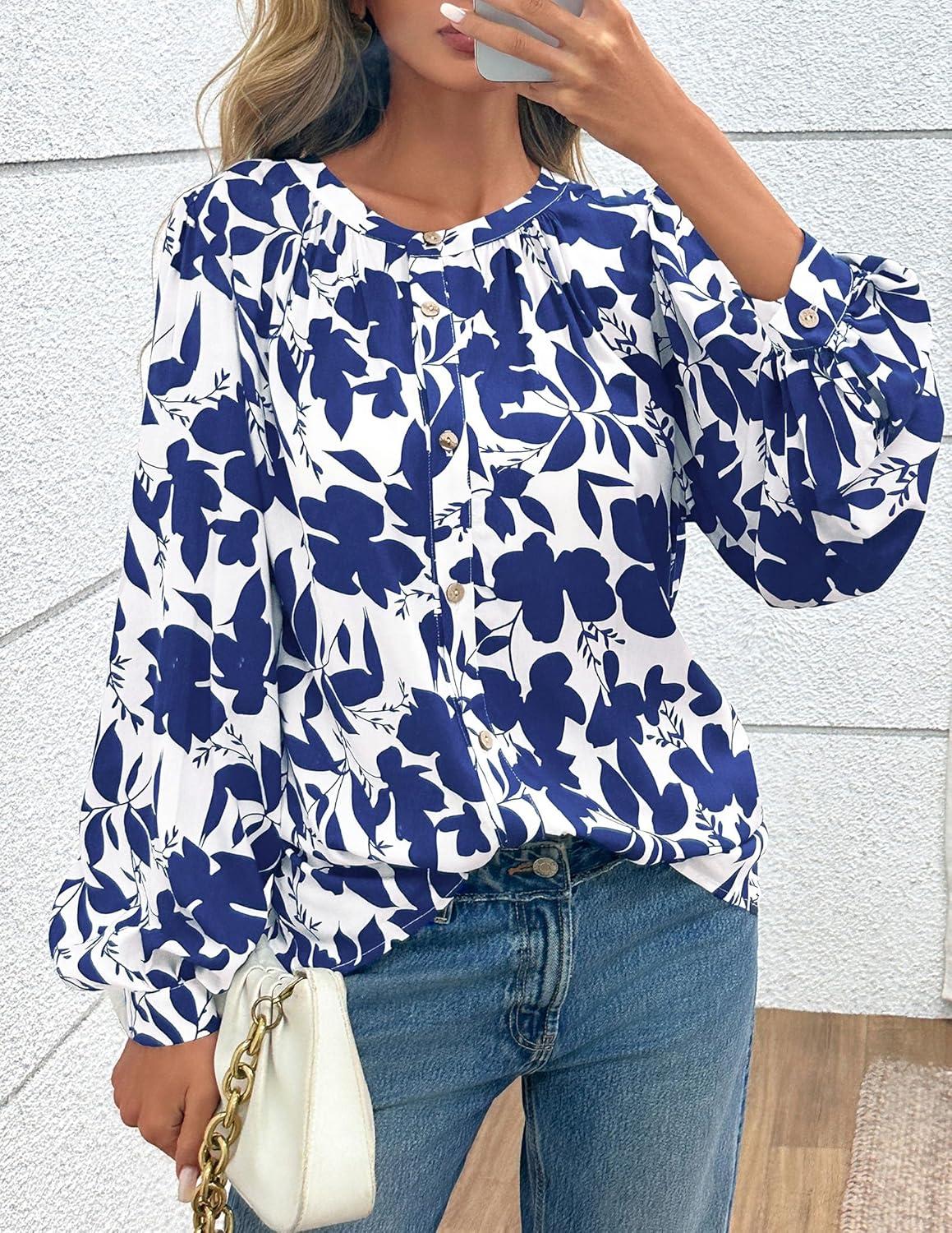 imagePRETTYGARDEN Womens Floral Button Down Blouse 2025 Fall Fashion Dressy Casual Long Sleeve Oversized Shirts Top Boho ClothesWhite Blue Floral