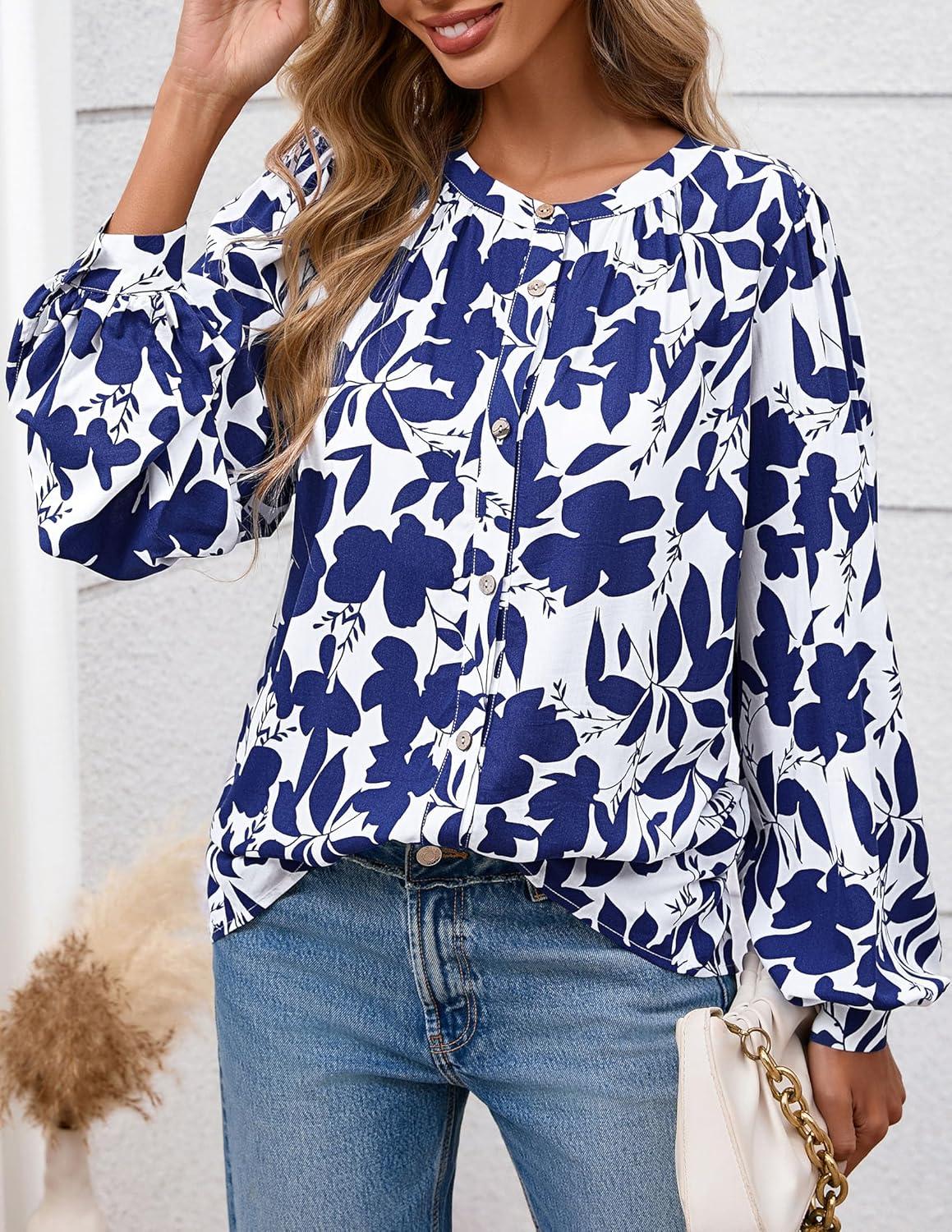 imagePRETTYGARDEN Womens Floral Button Down Blouse 2025 Fall Fashion Dressy Casual Long Sleeve Oversized Shirts Top Boho ClothesWhite Blue Floral