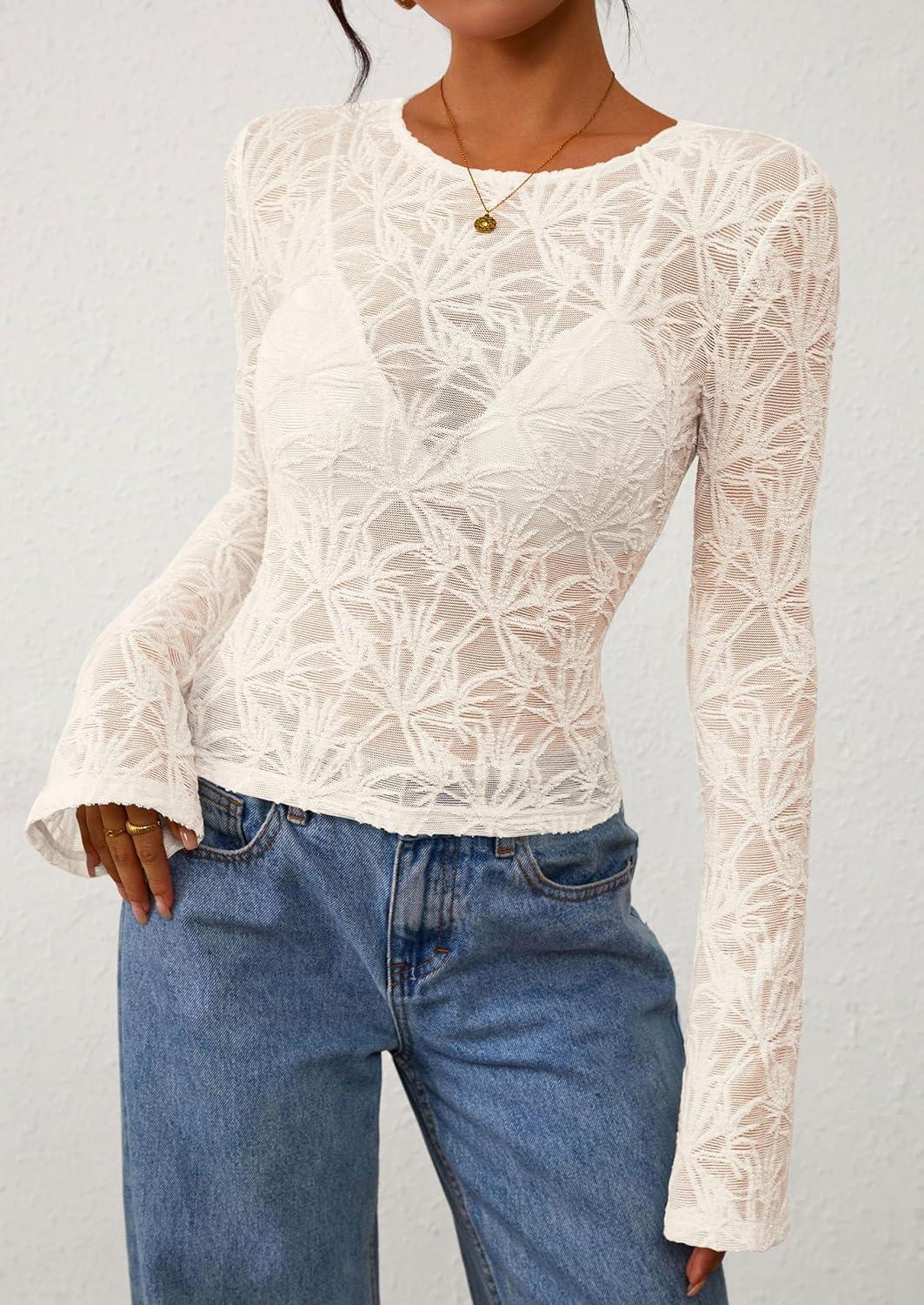 imagePRETTYGARDEN Womens Lace Long Bell Sleeve Tops 2025 Fall Sexy See Through Sheer Floral Blouse Shirt Fitted Going Out OutfitsBeige