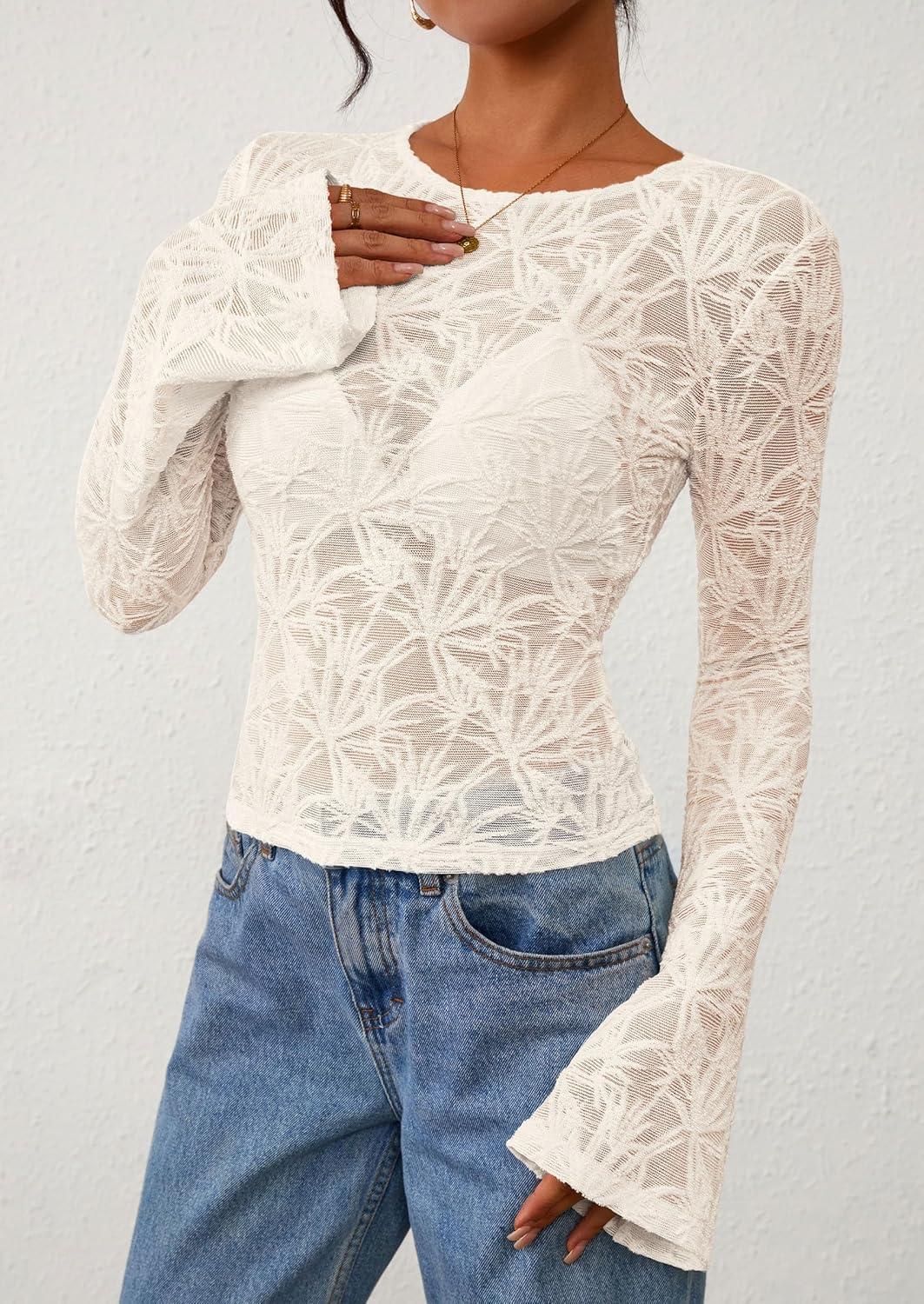 imagePRETTYGARDEN Womens Lace Long Bell Sleeve Tops 2025 Fall Sexy See Through Sheer Floral Blouse Shirt Fitted Going Out OutfitsBeige