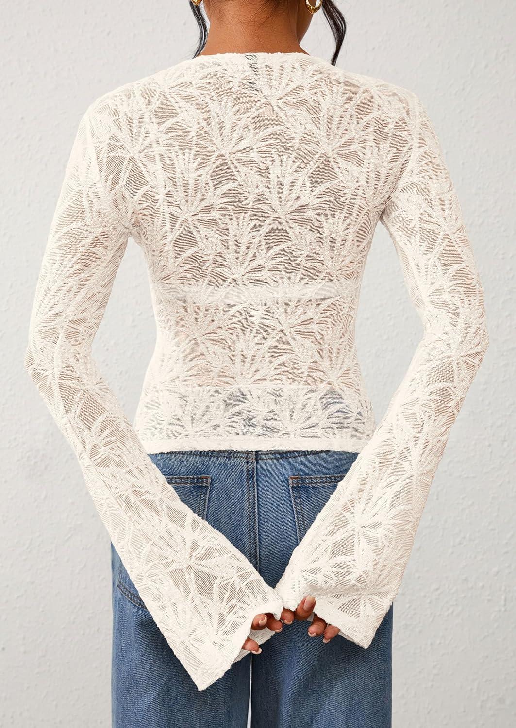 imagePRETTYGARDEN Womens Lace Long Bell Sleeve Tops 2025 Fall Sexy See Through Sheer Floral Blouse Shirt Fitted Going Out OutfitsBeige