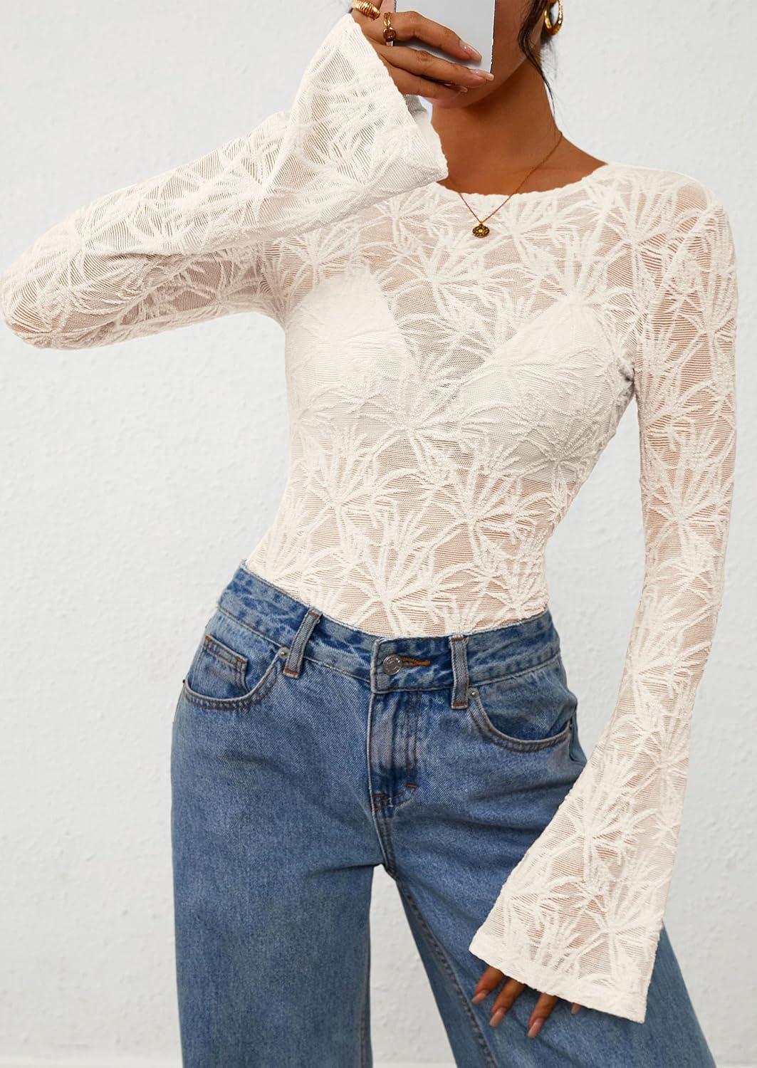 imagePRETTYGARDEN Womens Lace Long Bell Sleeve Tops 2025 Fall Sexy See Through Sheer Floral Blouse Shirt Fitted Going Out OutfitsBeige