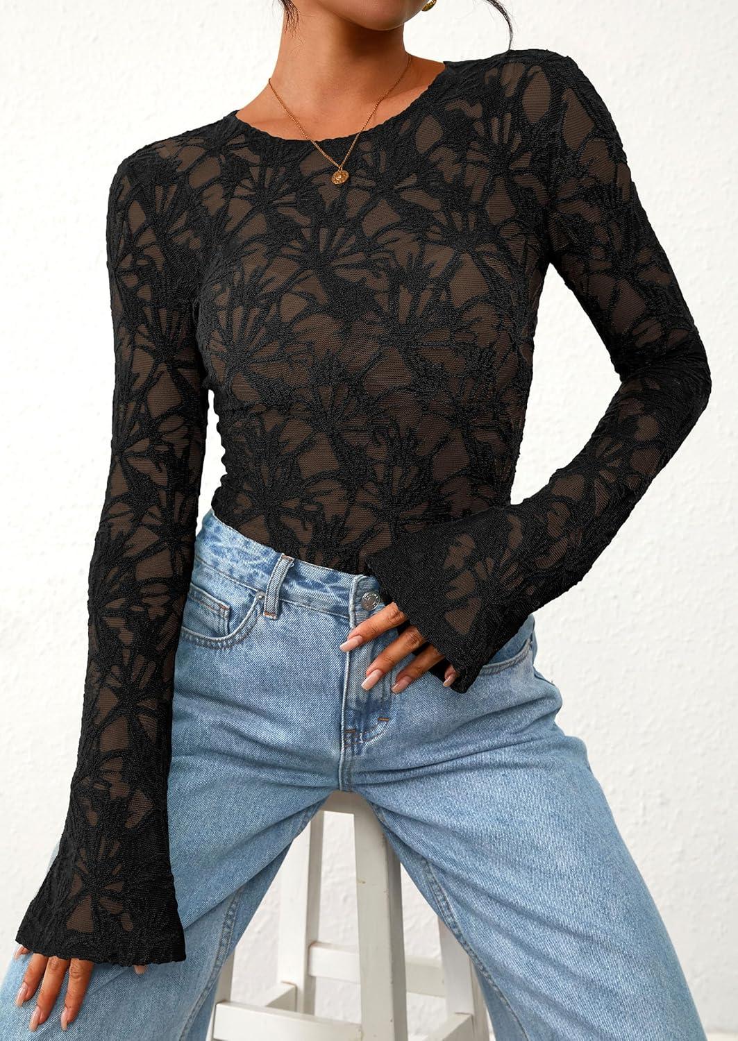 imagePRETTYGARDEN Womens Lace Long Bell Sleeve Tops 2025 Fall Sexy See Through Sheer Floral Blouse Shirt Fitted Going Out OutfitsBlack