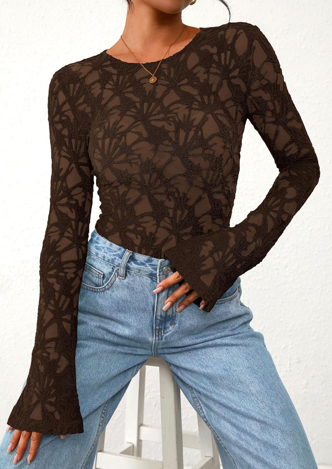imagePRETTYGARDEN Womens Lace Long Bell Sleeve Tops 2025 Fall Sexy See Through Sheer Floral Blouse Shirt Fitted Going Out OutfitsBrown