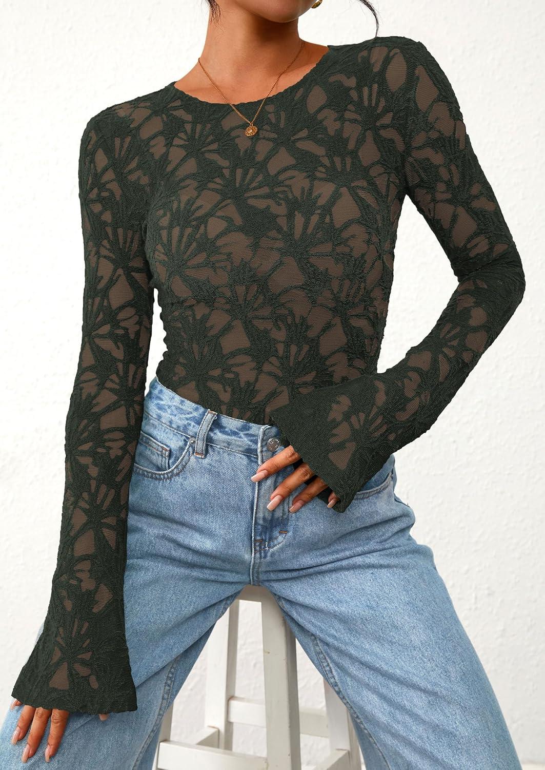 imagePRETTYGARDEN Womens Lace Long Bell Sleeve Tops 2025 Fall Sexy See Through Sheer Floral Blouse Shirt Fitted Going Out OutfitsDark Green