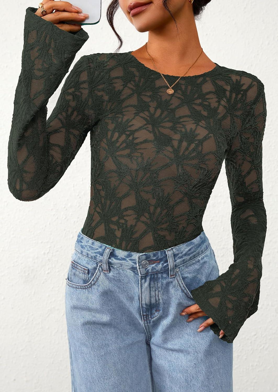imagePRETTYGARDEN Womens Lace Long Bell Sleeve Tops 2025 Fall Sexy See Through Sheer Floral Blouse Shirt Fitted Going Out OutfitsDark Green