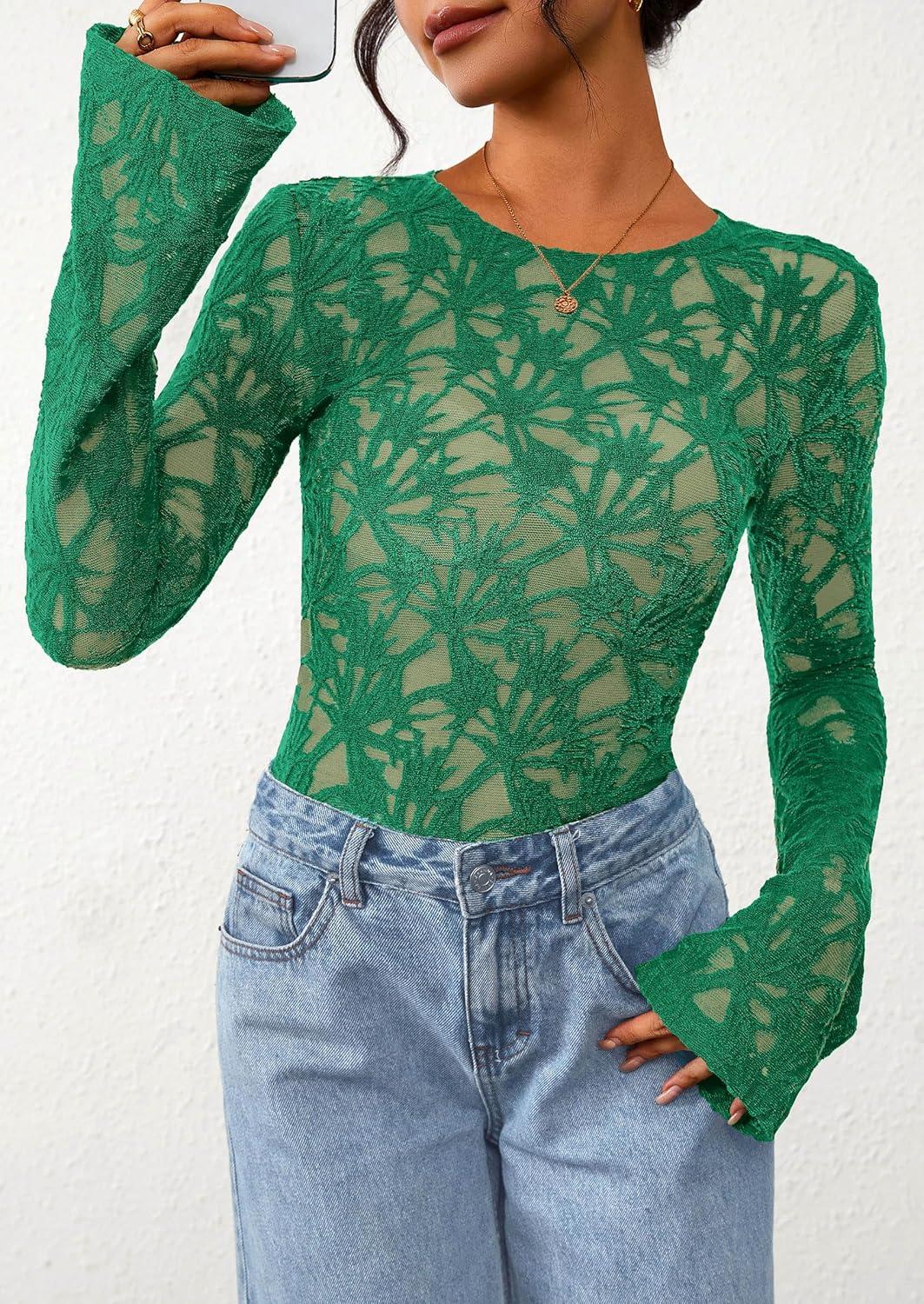 imagePRETTYGARDEN Womens Lace Long Bell Sleeve Tops 2025 Fall Sexy See Through Sheer Floral Blouse Shirt Fitted Going Out OutfitsGreen