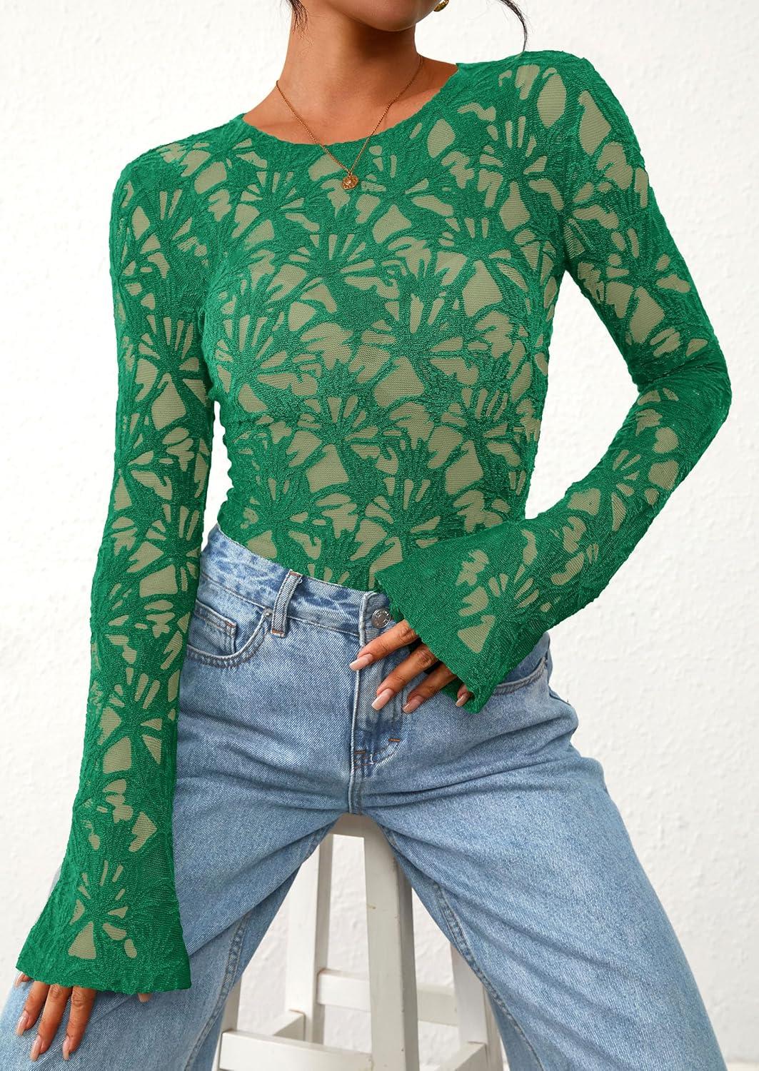 imagePRETTYGARDEN Womens Lace Long Bell Sleeve Tops 2025 Fall Sexy See Through Sheer Floral Blouse Shirt Fitted Going Out OutfitsGreen
