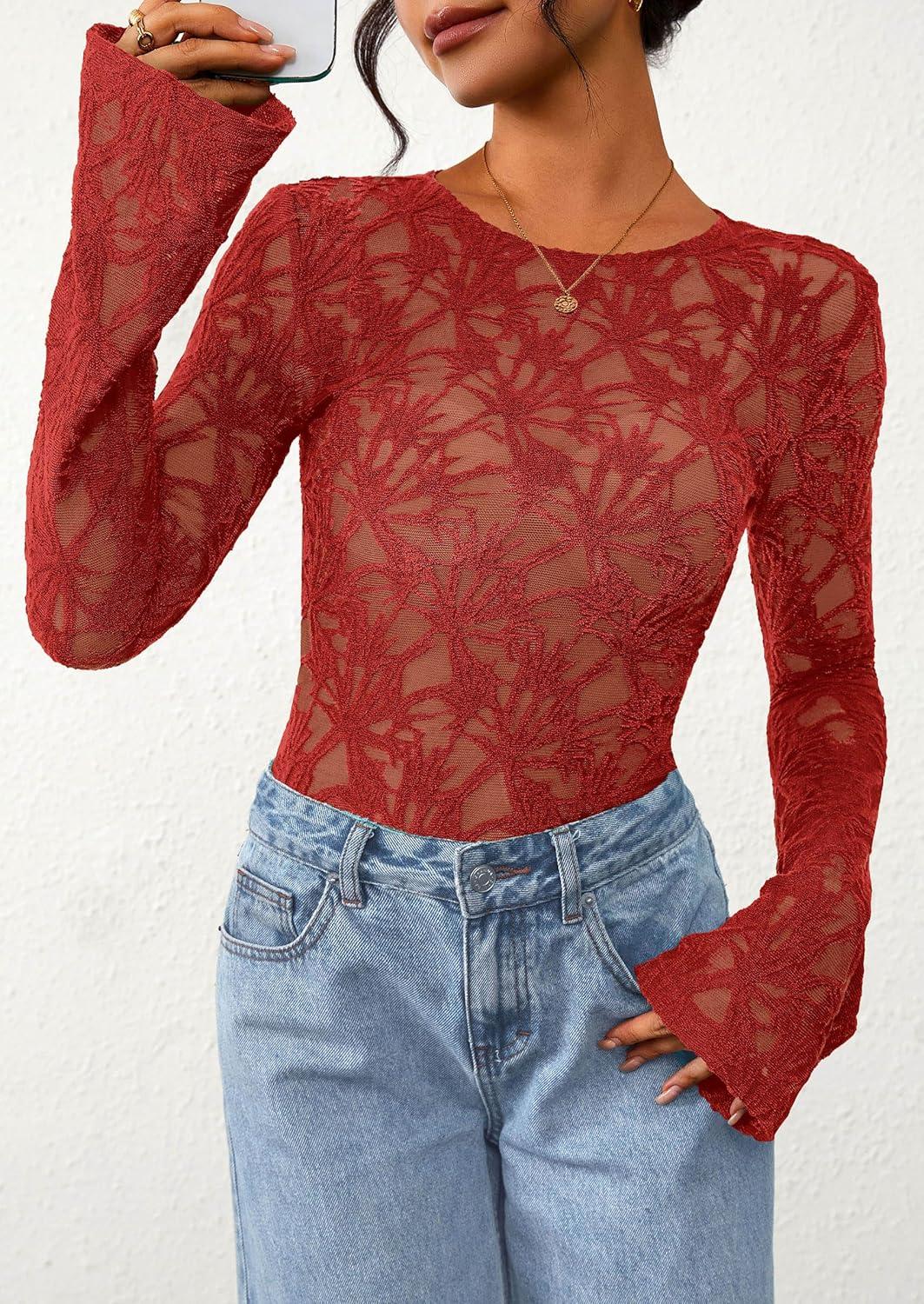 imagePRETTYGARDEN Womens Lace Long Bell Sleeve Tops 2025 Fall Sexy See Through Sheer Floral Blouse Shirt Fitted Going Out OutfitsRed