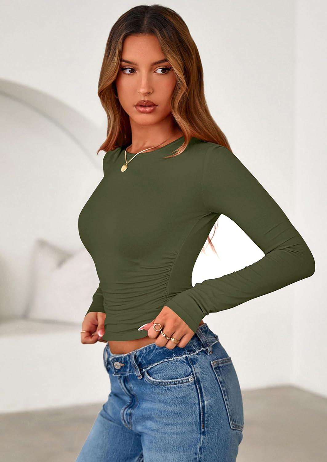 imagePRETTYGARDEN Womens Long Sleeve Shirts 2025 Fall Trendy Crewneck Slim Fit Asymmetrical Going Out Tops Ruched Tee Y2k ClothesArmy Green