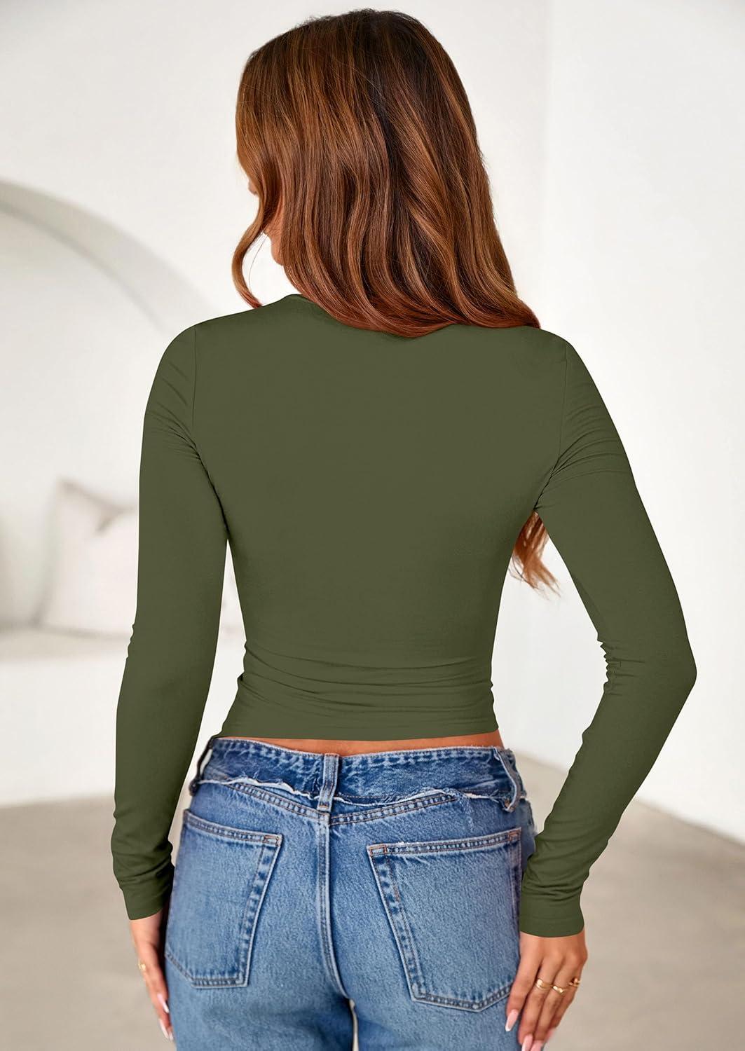 imagePRETTYGARDEN Womens Long Sleeve Shirts 2025 Fall Trendy Crewneck Slim Fit Asymmetrical Going Out Tops Ruched Tee Y2k ClothesArmy Green