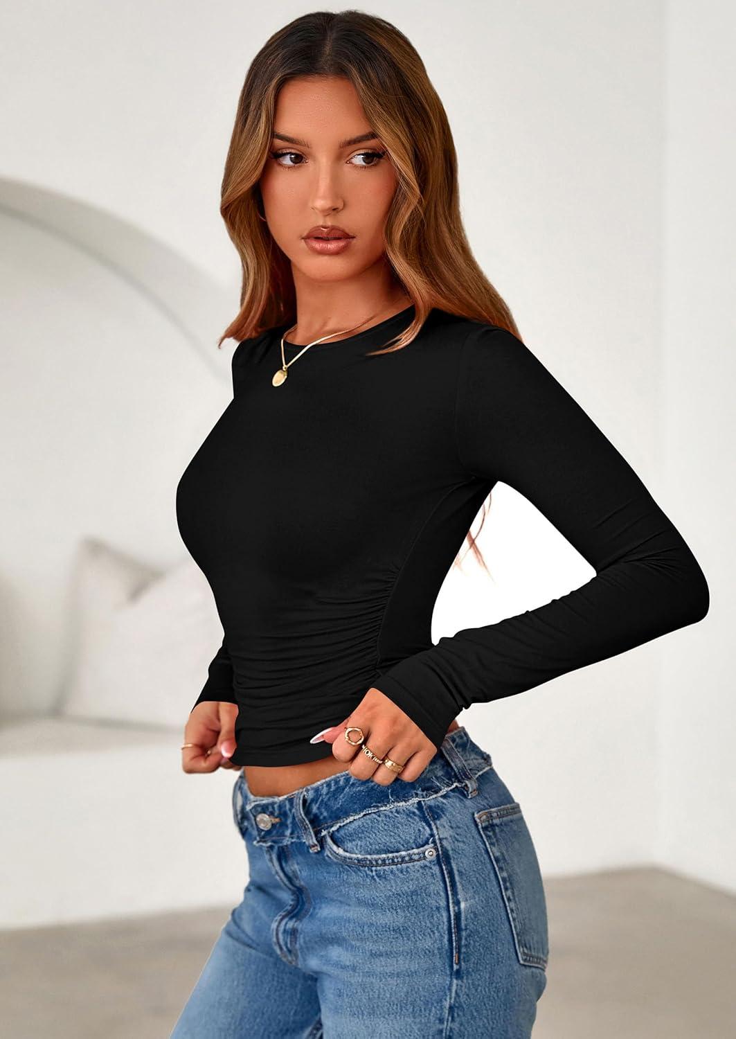 imagePRETTYGARDEN Womens Long Sleeve Shirts 2025 Fall Trendy Crewneck Slim Fit Asymmetrical Going Out Tops Ruched Tee Y2k ClothesBlack