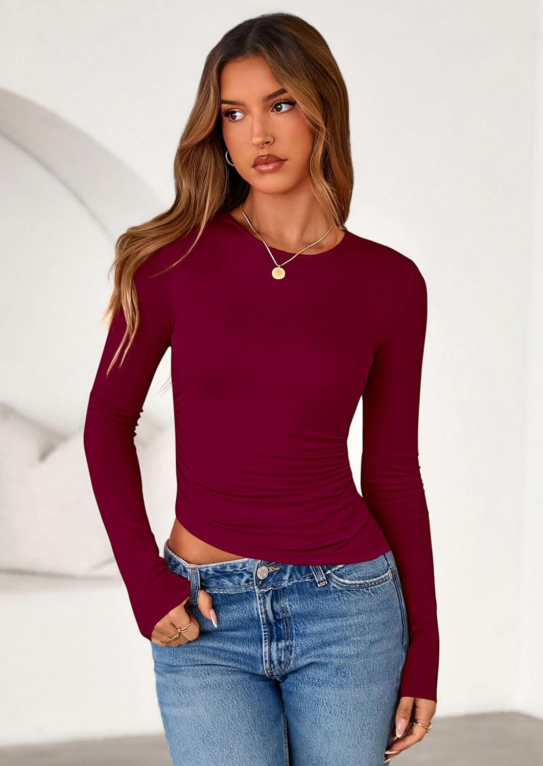 imagePRETTYGARDEN Womens Long Sleeve Shirts 2025 Fall Trendy Crewneck Slim Fit Asymmetrical Going Out Tops Ruched Tee Y2k ClothesWine Red