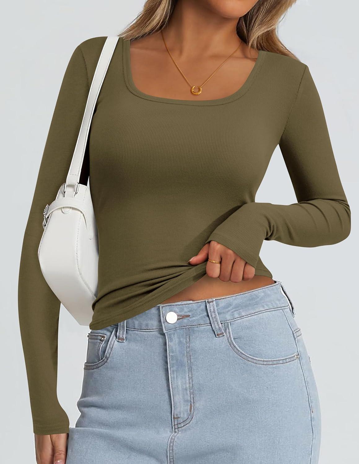 imagePRETTYGARDEN Womens Long Sleeve Tops Fall Clothes 2025 Scoop Neck Ribbed Knit Basic Tees Shirts Going Out Trendy OutfitsArmy Green