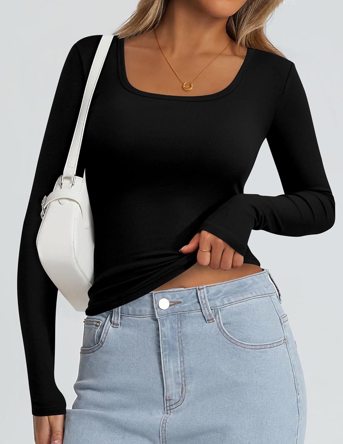 imagePRETTYGARDEN Womens Long Sleeve Tops Fall Clothes 2025 Scoop Neck Ribbed Knit Basic Tees Shirts Going Out Trendy OutfitsBlack