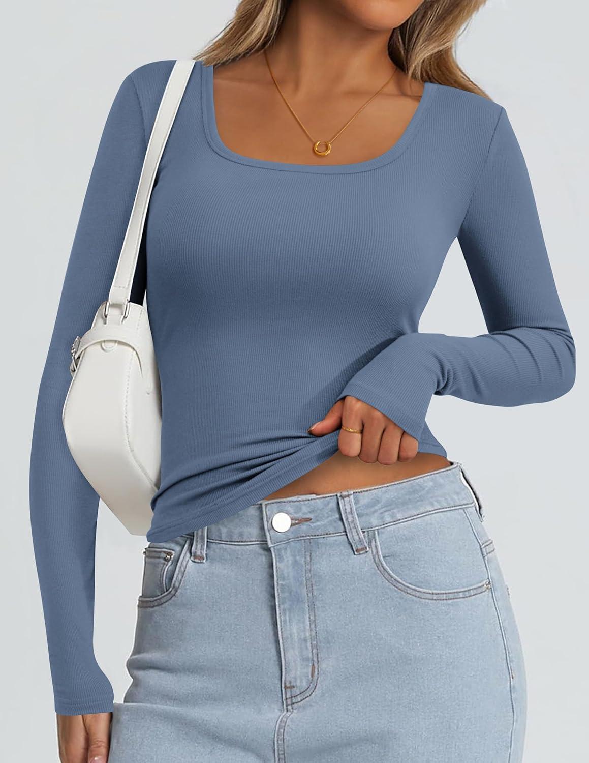 imagePRETTYGARDEN Womens Long Sleeve Tops Fall Clothes 2025 Scoop Neck Ribbed Knit Basic Tees Shirts Going Out Trendy OutfitsBlue Grey