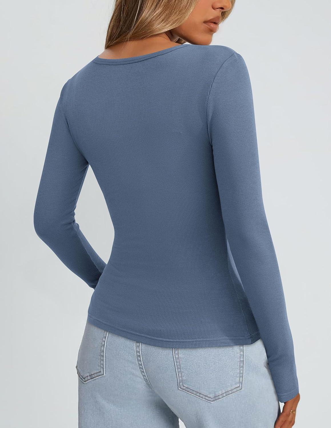 imagePRETTYGARDEN Womens Long Sleeve Tops Fall Clothes 2025 Scoop Neck Ribbed Knit Basic Tees Shirts Going Out Trendy OutfitsBlue Grey