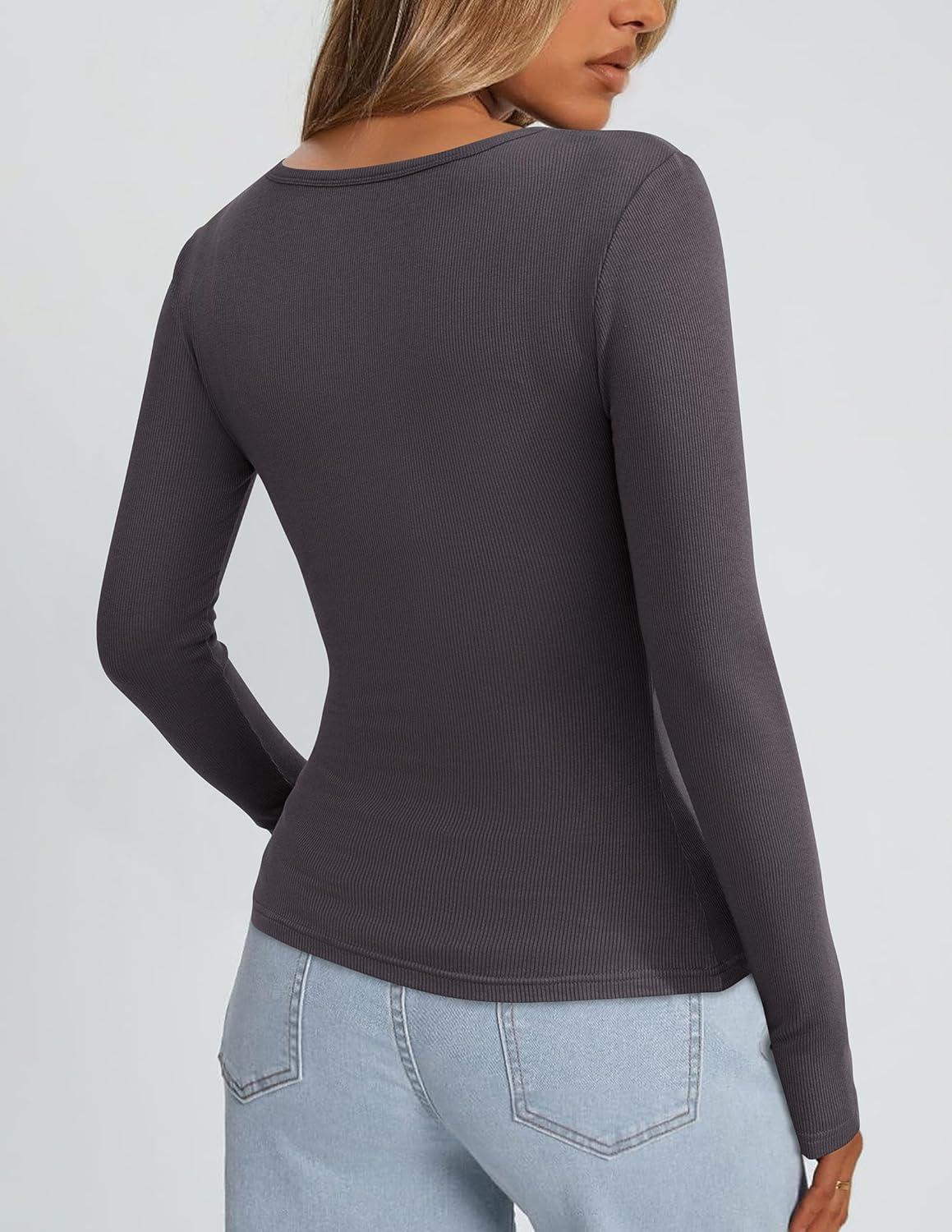 imagePRETTYGARDEN Womens Long Sleeve Tops Fall Clothes 2025 Scoop Neck Ribbed Knit Basic Tees Shirts Going Out Trendy OutfitsDark Grey